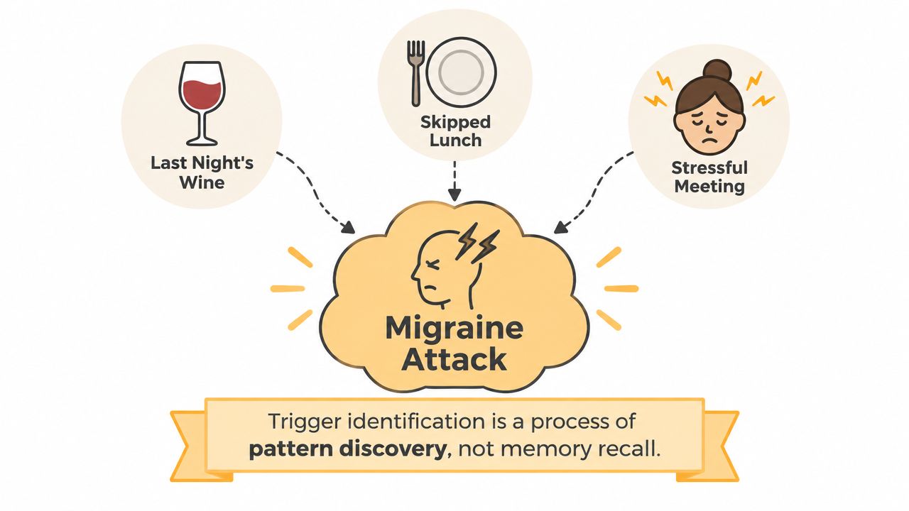 An infographic showing wine, a skipped lunch, and stress as potential triggers leading to a migraine attack.