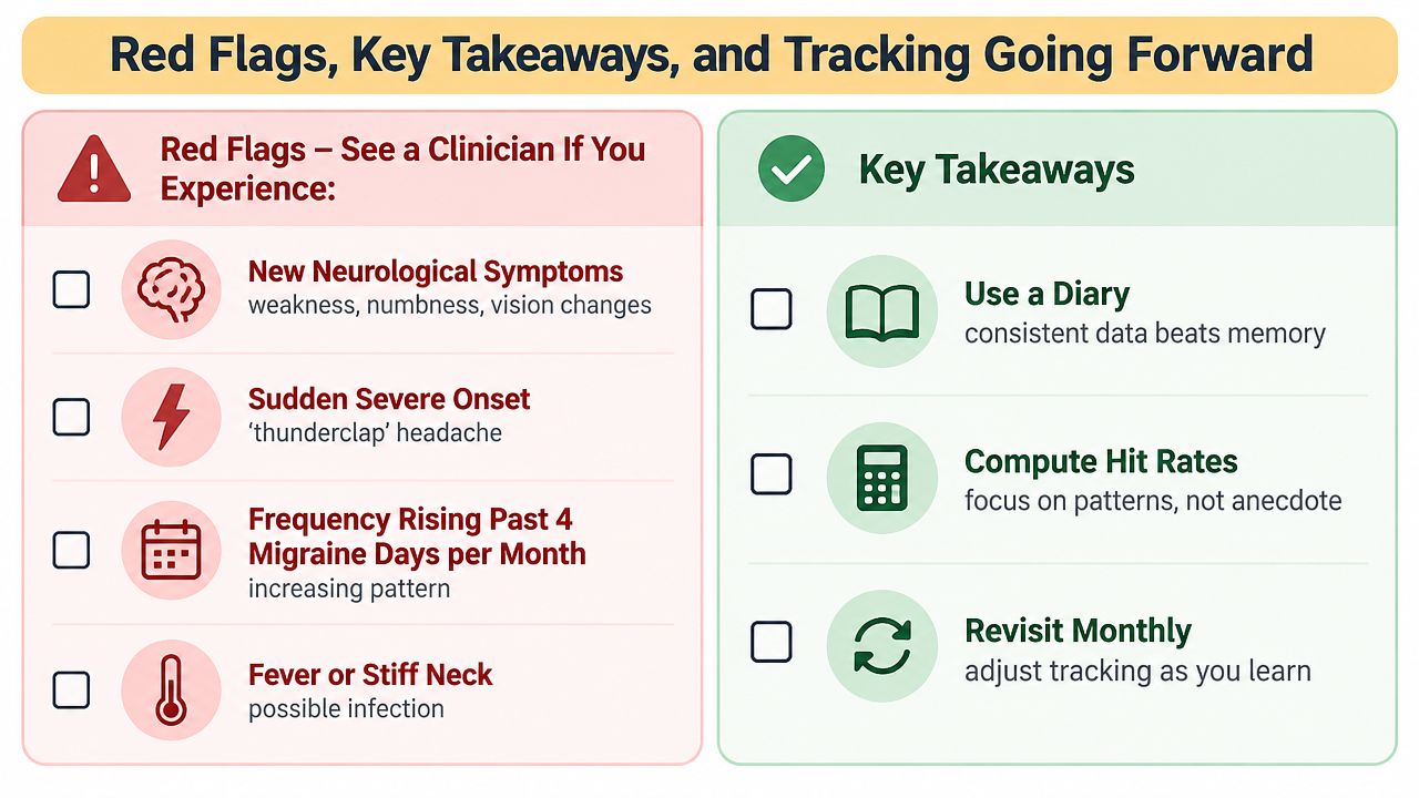 A healthcare chart detailing migraine red flags to see a clinician and key takeaways for tracking symptoms.