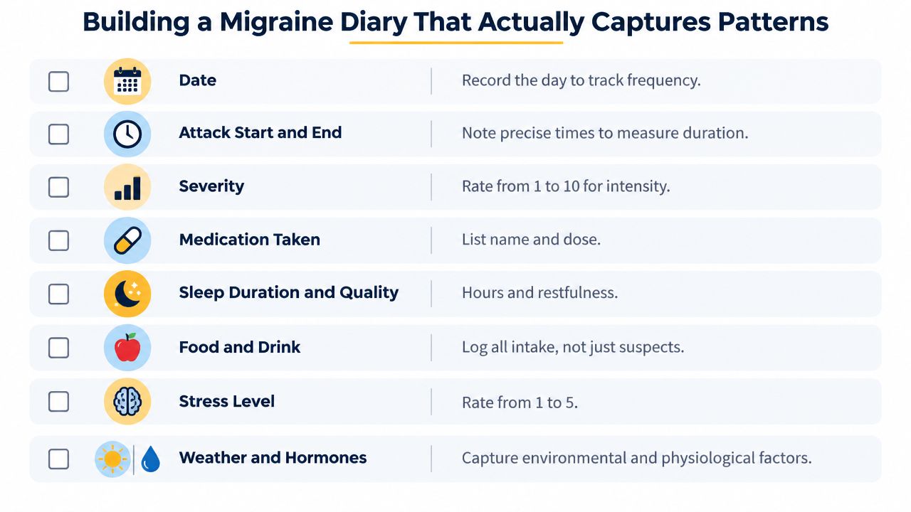 A checklist infographic titled Building a Migraine Diary That Actually Captures Patterns with suggested daily tracking entries.