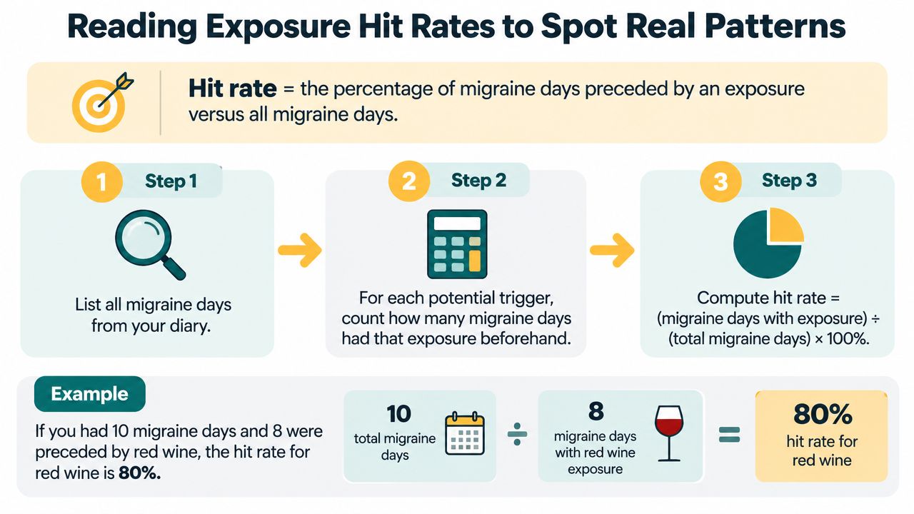 An infographic explaining the step-by-step process to calculate migraine trigger hit rates using a simple formula.