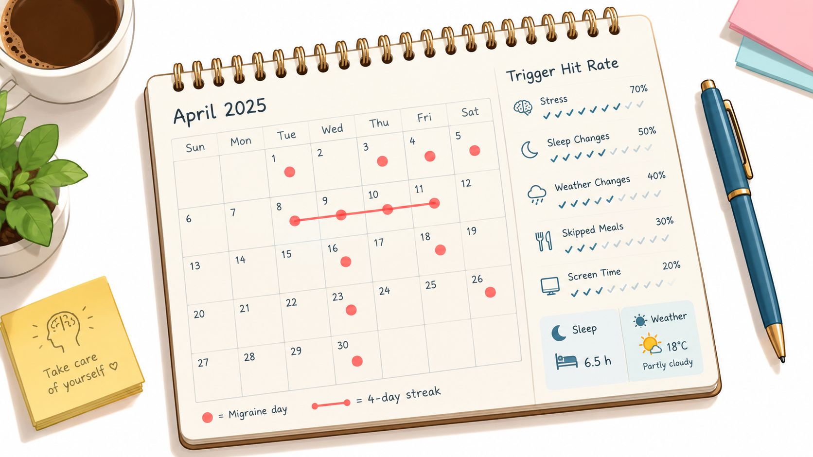 A migraine tracking calendar for April 2025 showing highlighted headache days, streaks, and various health triggers.