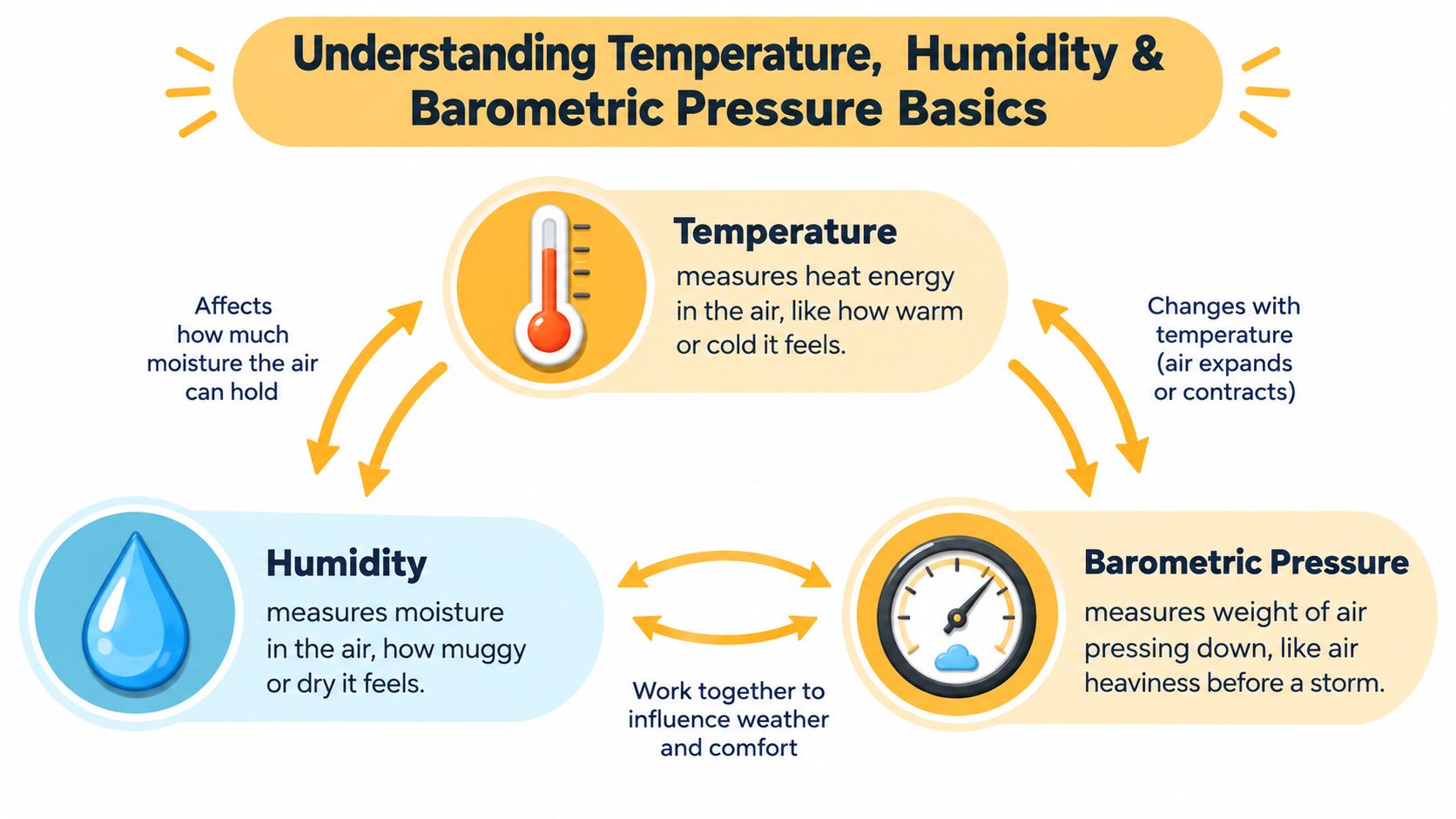An educational infographic explaining the relationship between temperature, humidity, and barometric pressure for weather and comfort.