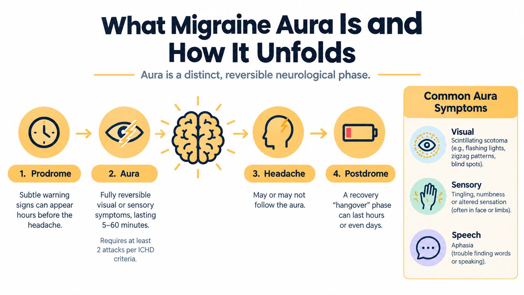 A diagram illustrating the four phases of a migraine attack: prodrome, aura, headache, and postdrome.