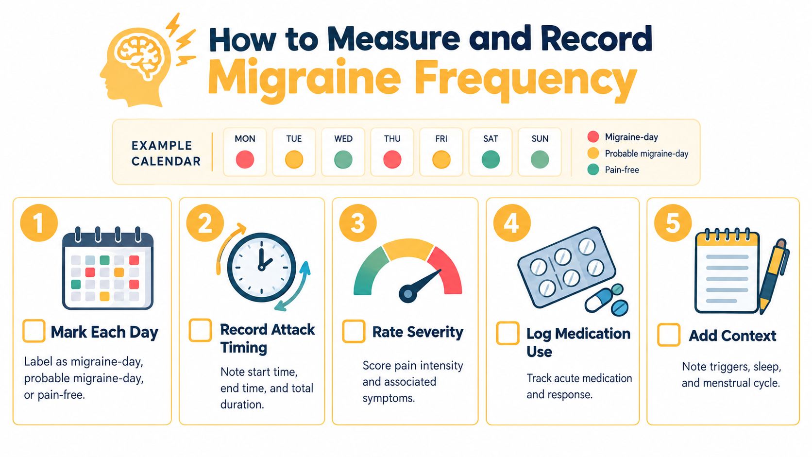 An infographic showing a five-step process to measure and record the frequency of migraine attacks.