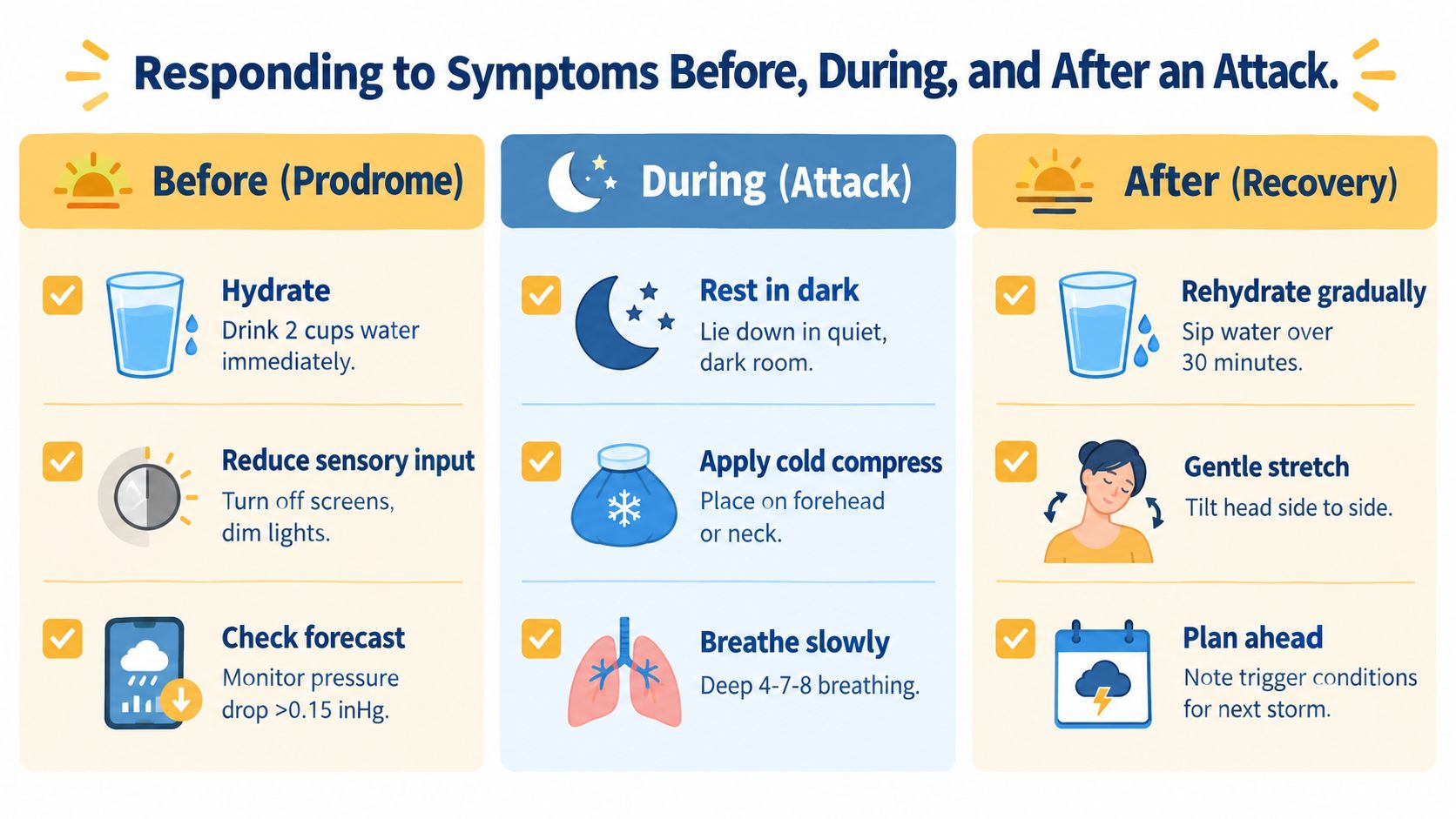 A chart showing tips to manage headache symptoms before, during, and after a weather-related attack.