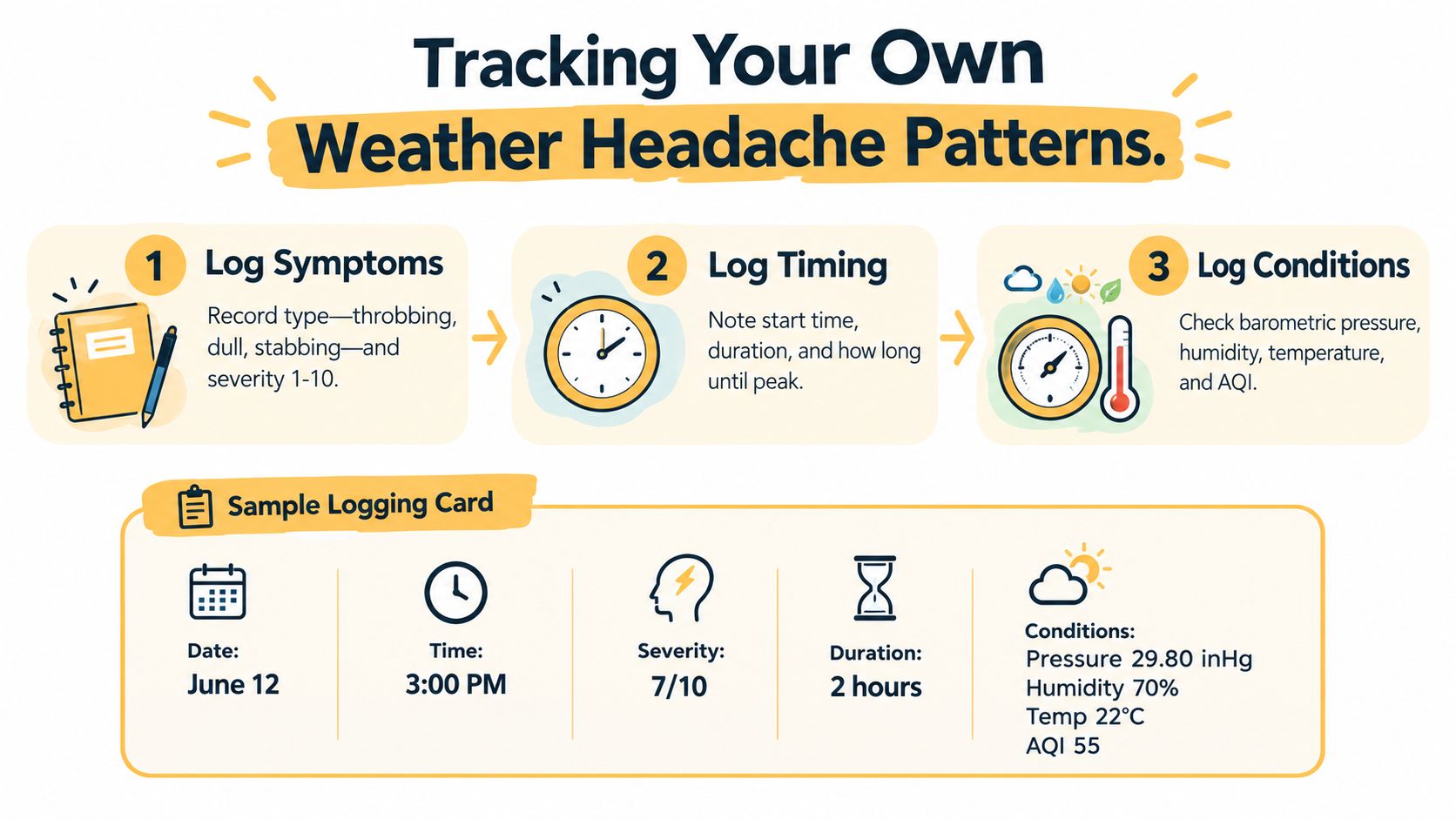 An infographic showing a three-step guide on how to track weather-related headache symptoms using a logging card.