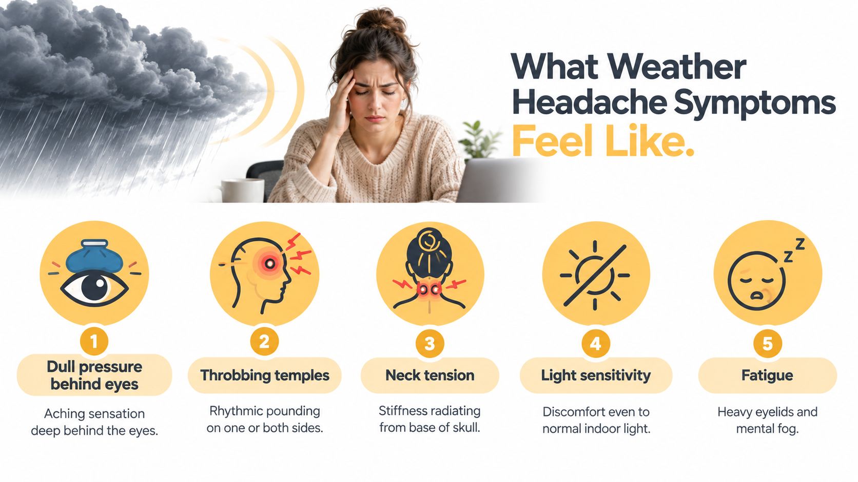 A woman holding her head with an infographic explaining five common weather-related headache symptoms and sensations.