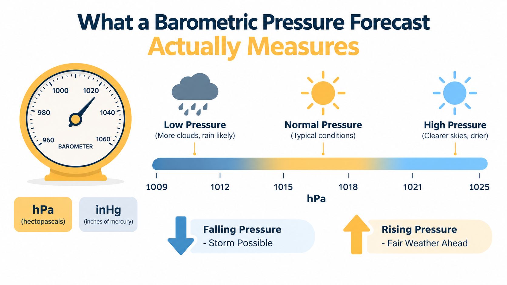 An infographic showing how a barometer reading relates to weather conditions like clouds, rain, and clear skies.