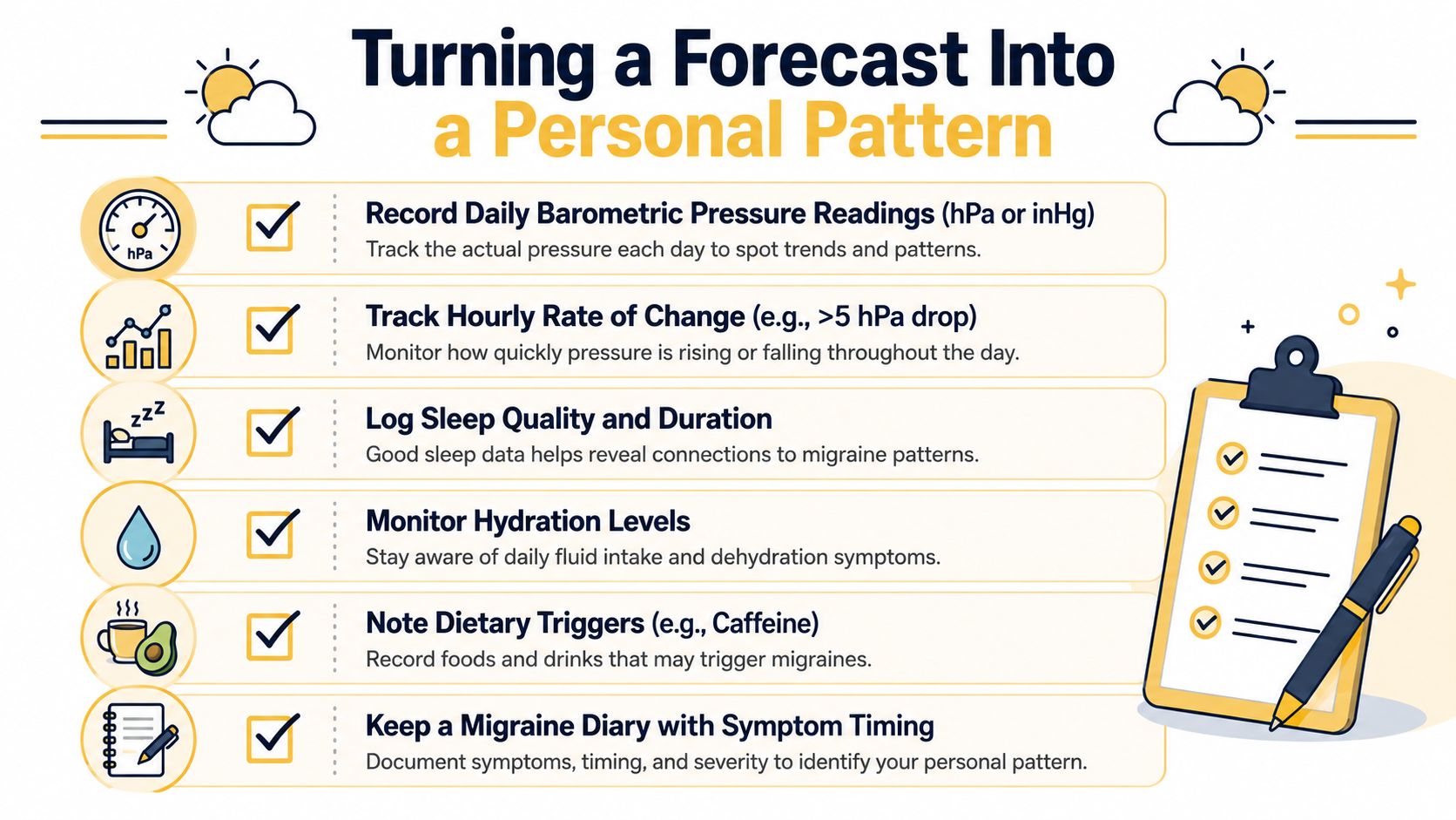An infographic checklist titled Turning a Forecast Into a Personal Pattern for tracking health and weather data.