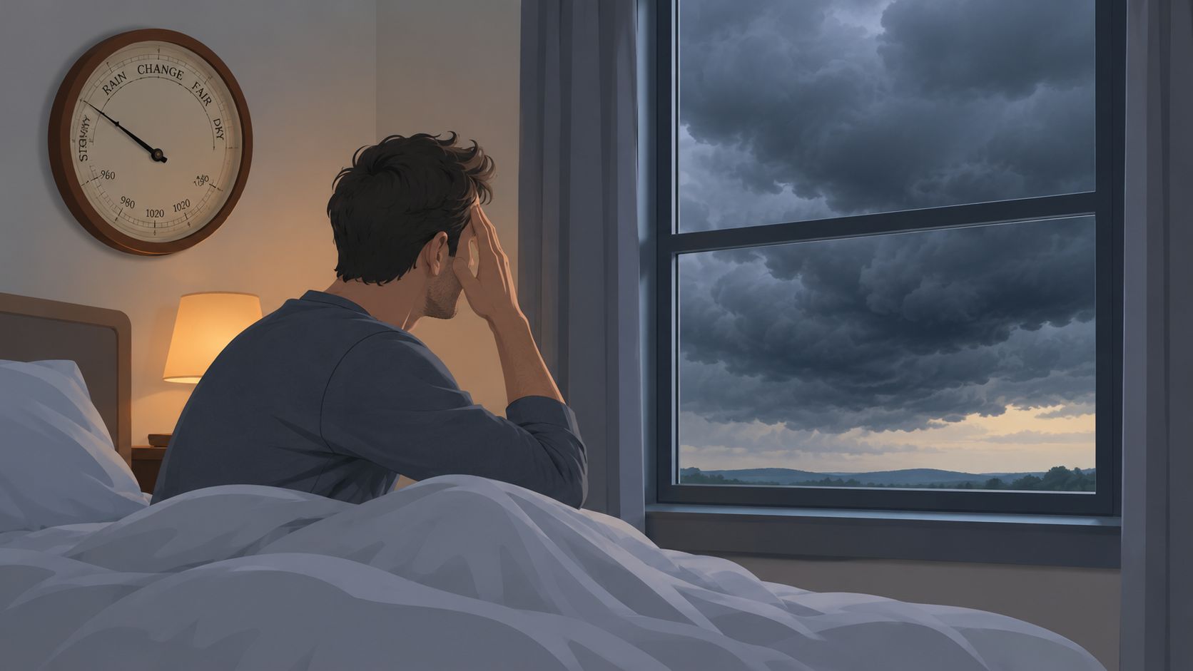 A man sits in bed looking distressed at a stormy sky while a barometer shows pressure falling.