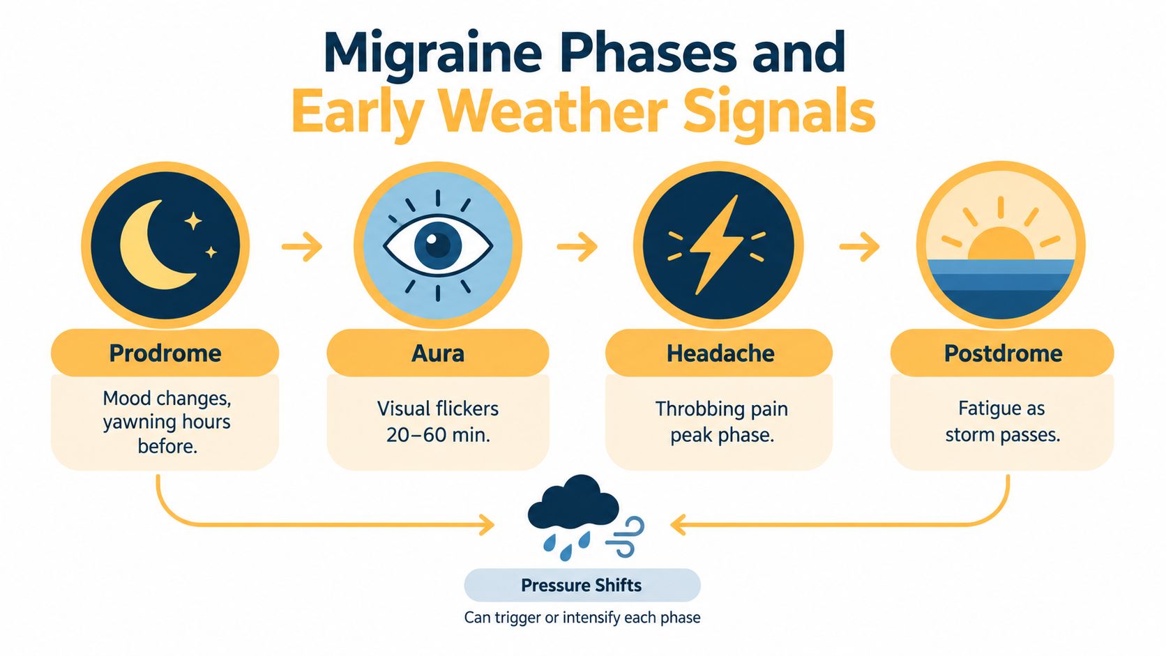 A diagram illustrating the four phases of a migraine and how weather pressure shifts trigger them.