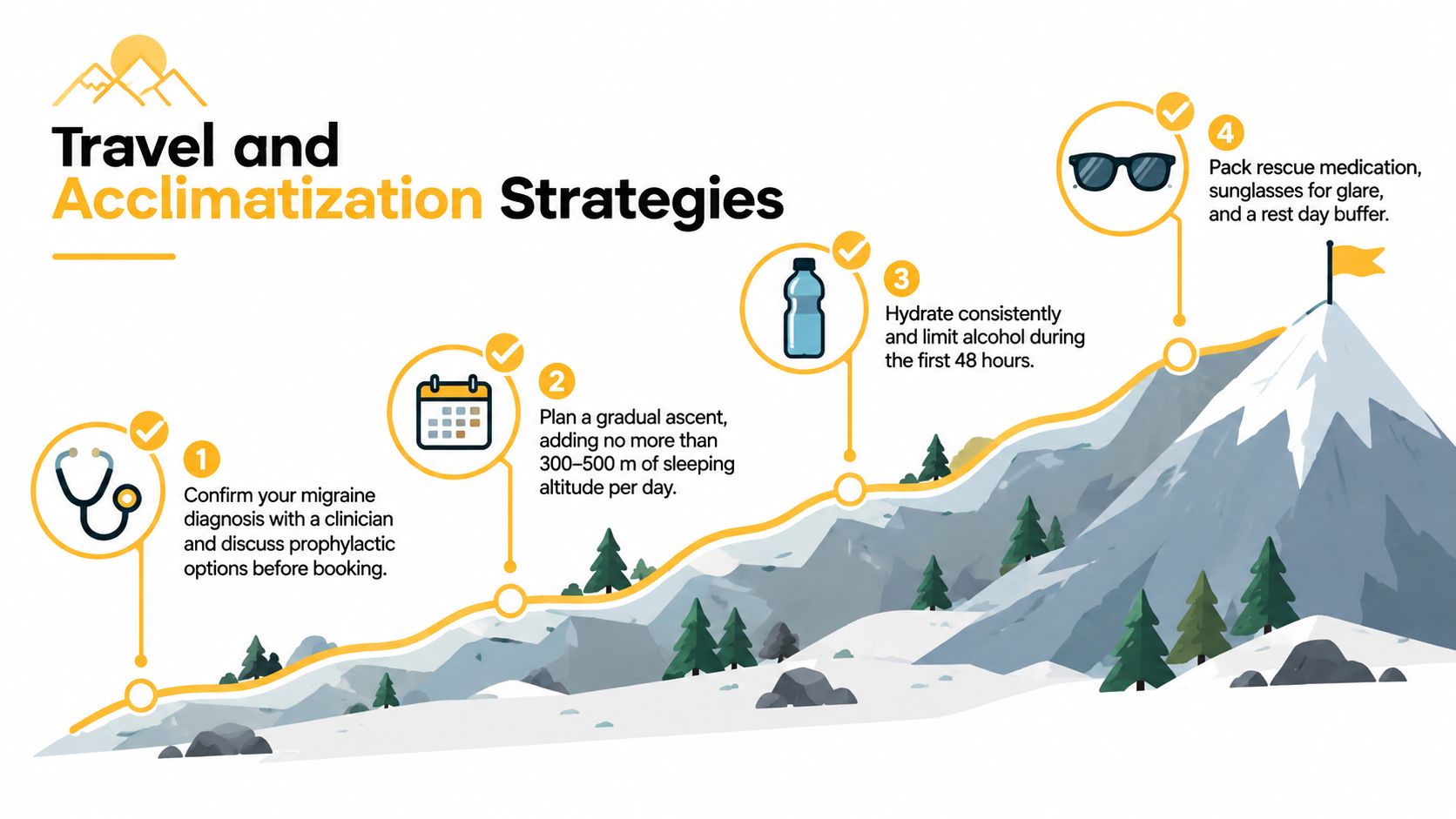 An infographic showing four steps for managing migraines during high-altitude travel and proper acclimatization strategies.