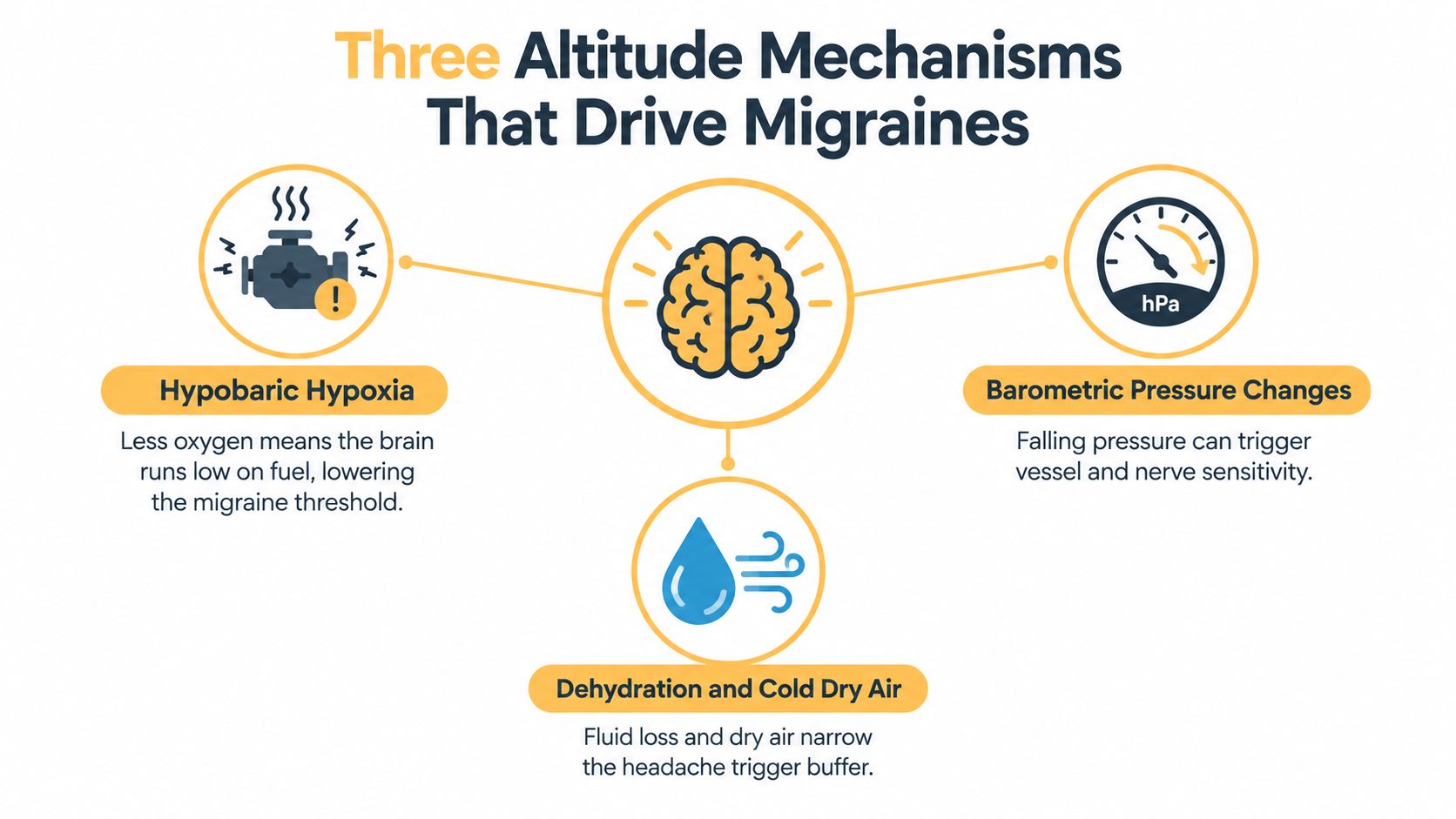 An infographic titled Three Altitude Mechanisms That Drive Migraines illustrating causes like hypoxia, pressure changes, and dehydration.