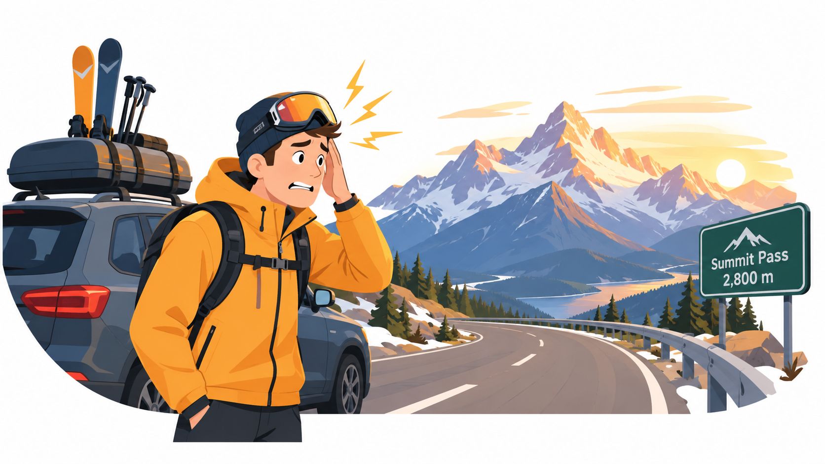 A traveler with a headache standing by a car at a high altitude mountain pass road.