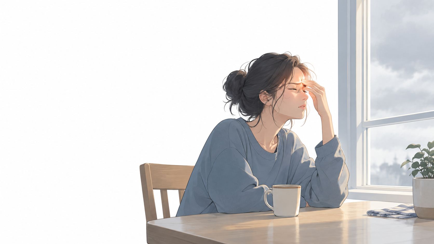 A tired young woman sitting at a table by a window, resting her head on her hand.