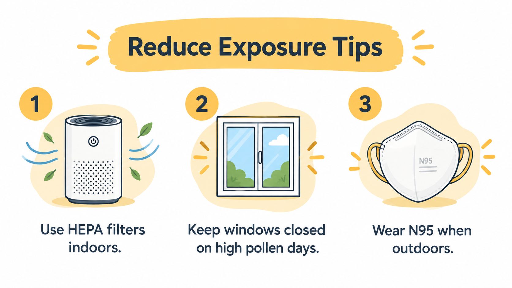 An infographic titled Reduce Exposure Tips displaying three numbered steps to minimize exposure to allergens.