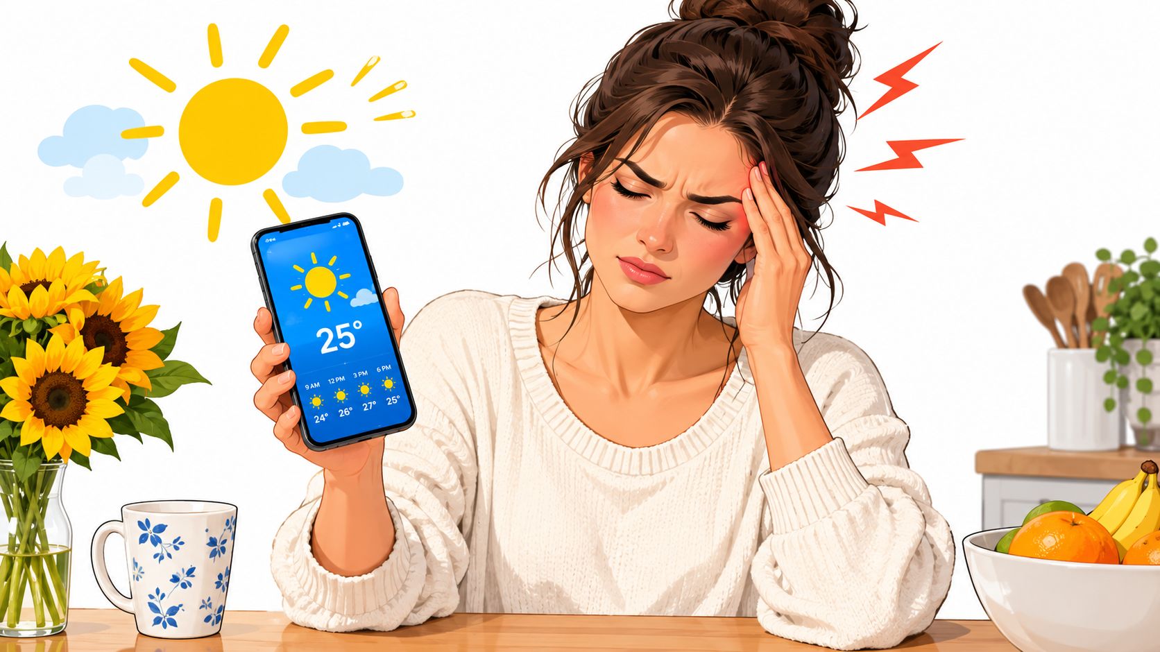 A woman looks stressed with a headache while holding a phone displaying a sunny weather forecast.