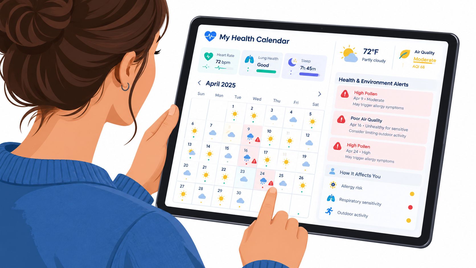 A woman using a tablet to view a health calendar displaying weather, air quality, and allergy alerts.