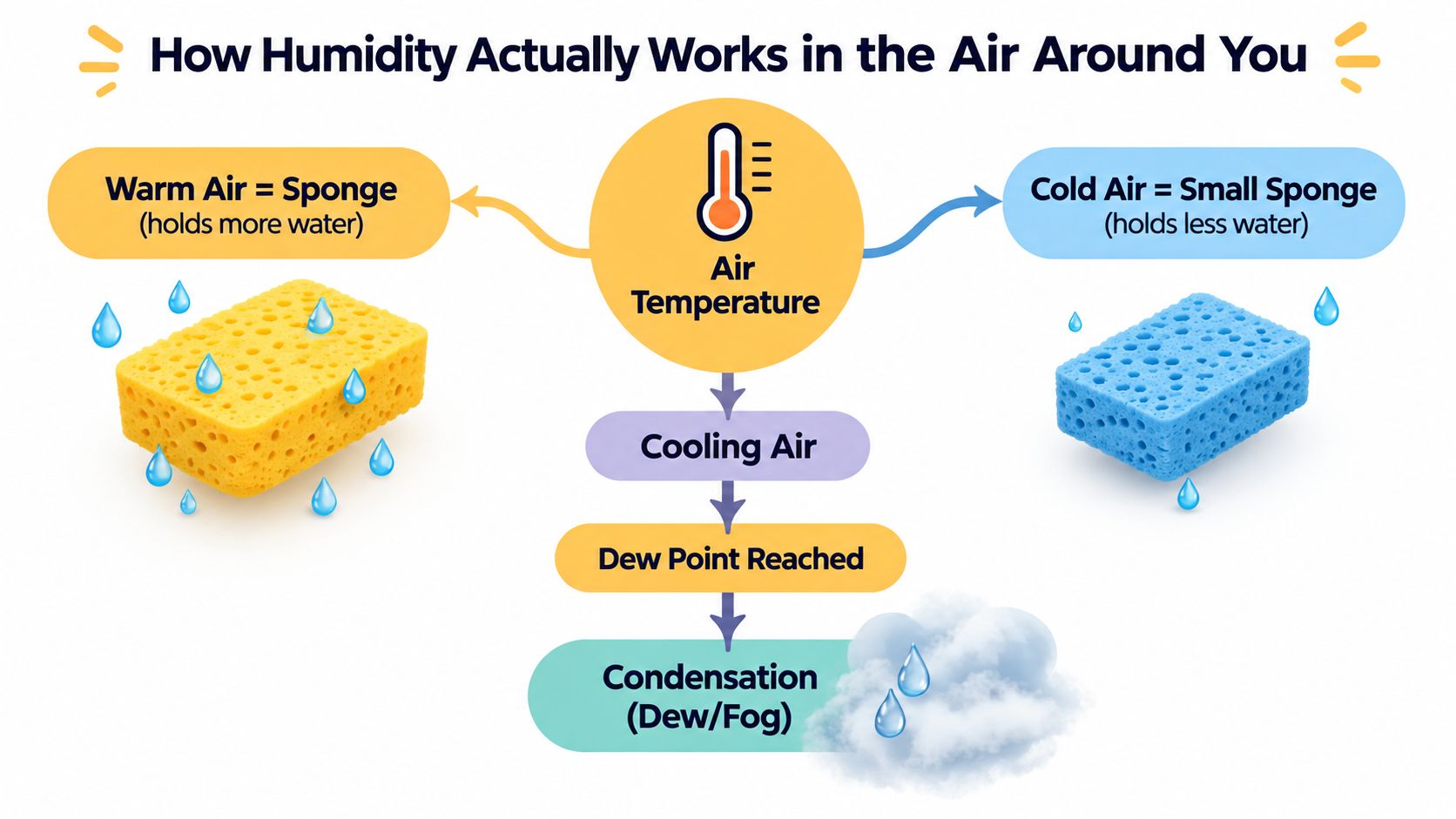 A diagram explaining how air temperature affects humidity using sponges as metaphors for water capacity.