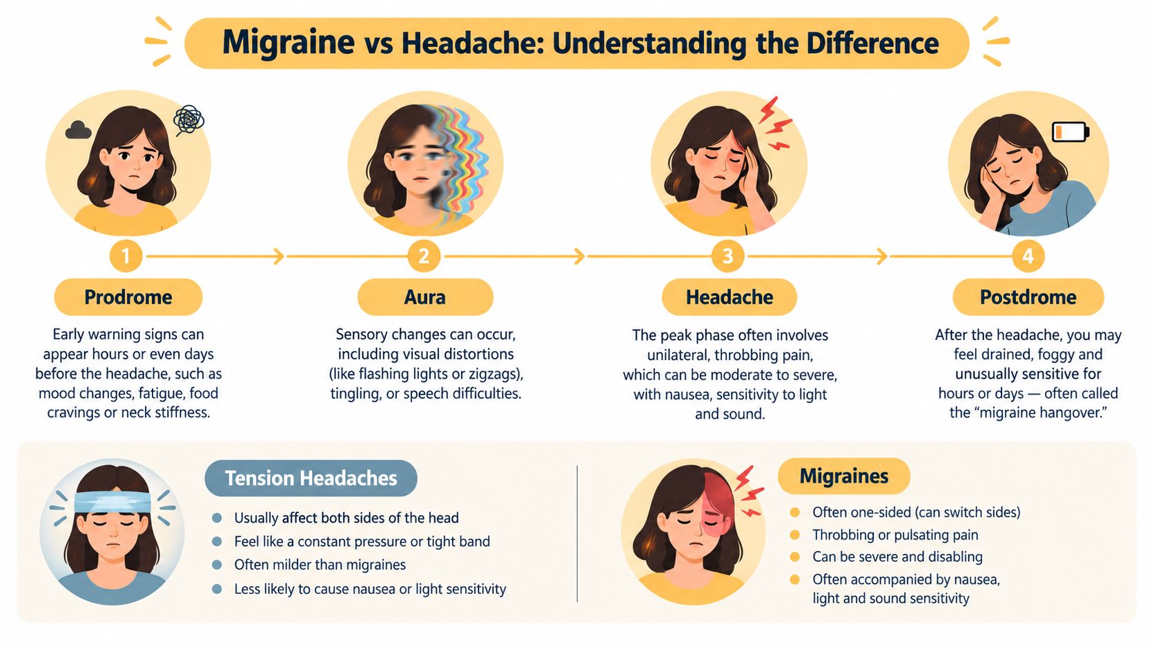 An infographic showing the four phases of a migraine and differences between tension headaches and migraines.