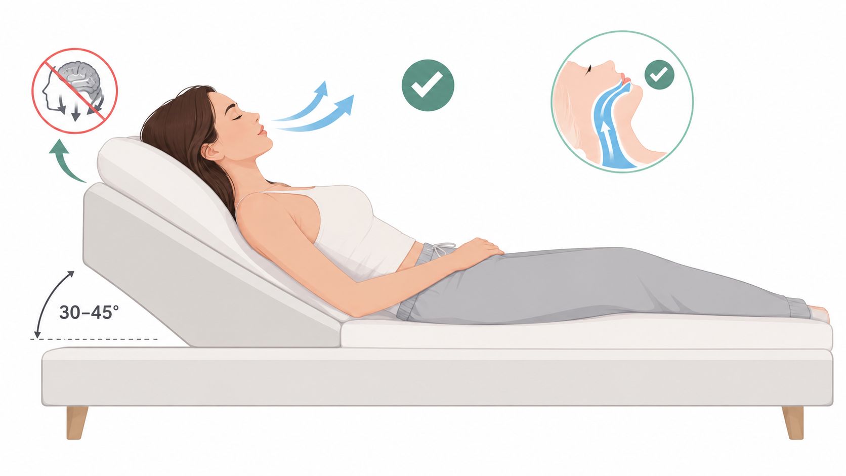 A woman resting in a raised bed at a gentle angle to improve comfort while sleeping.
