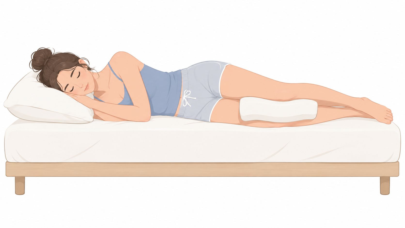 A young woman sleeping comfortably on her side with a small pillow between her knees for support.