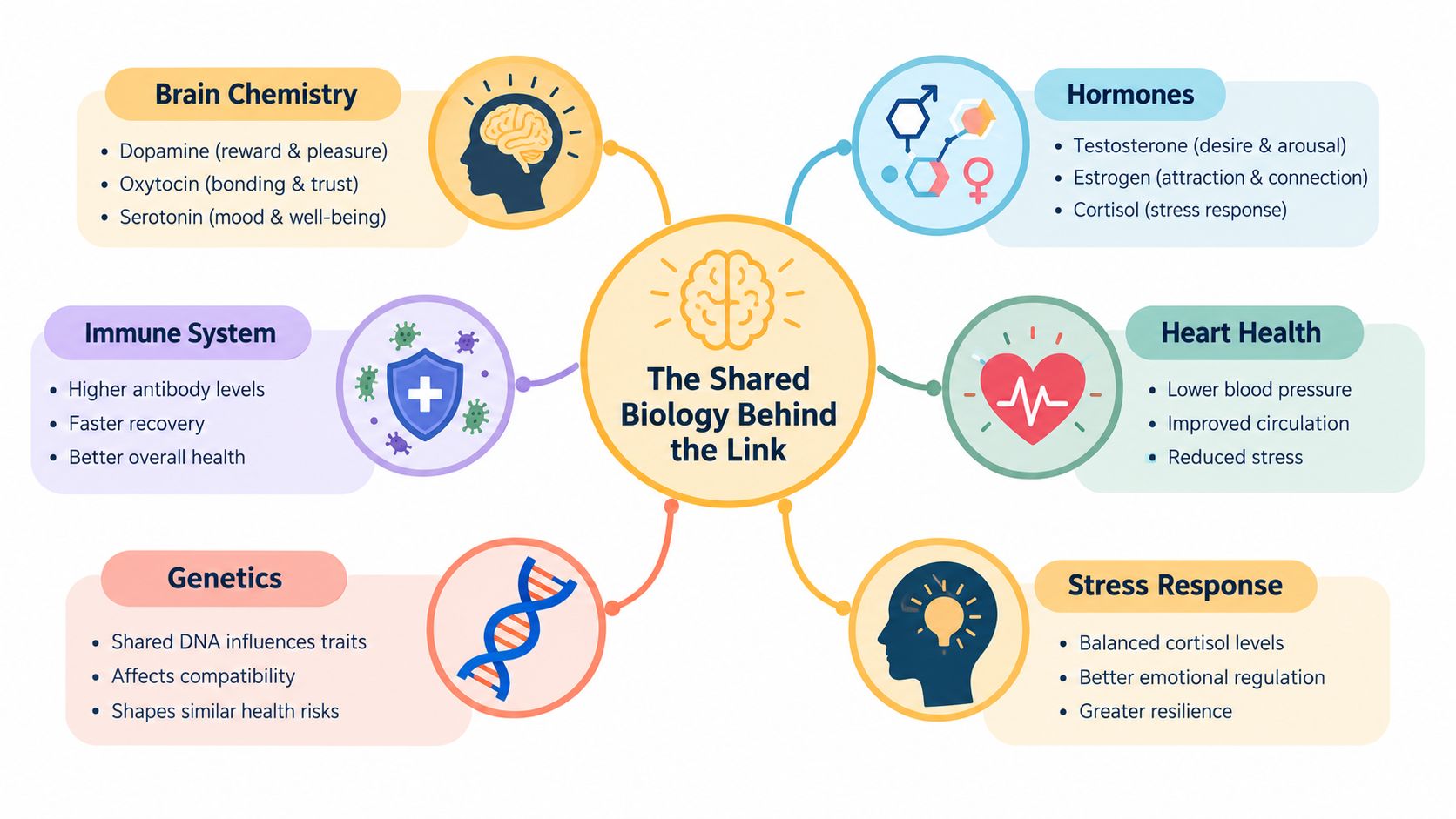 An infographic mind map explaining the biological connections related to mental health and physical well-being.