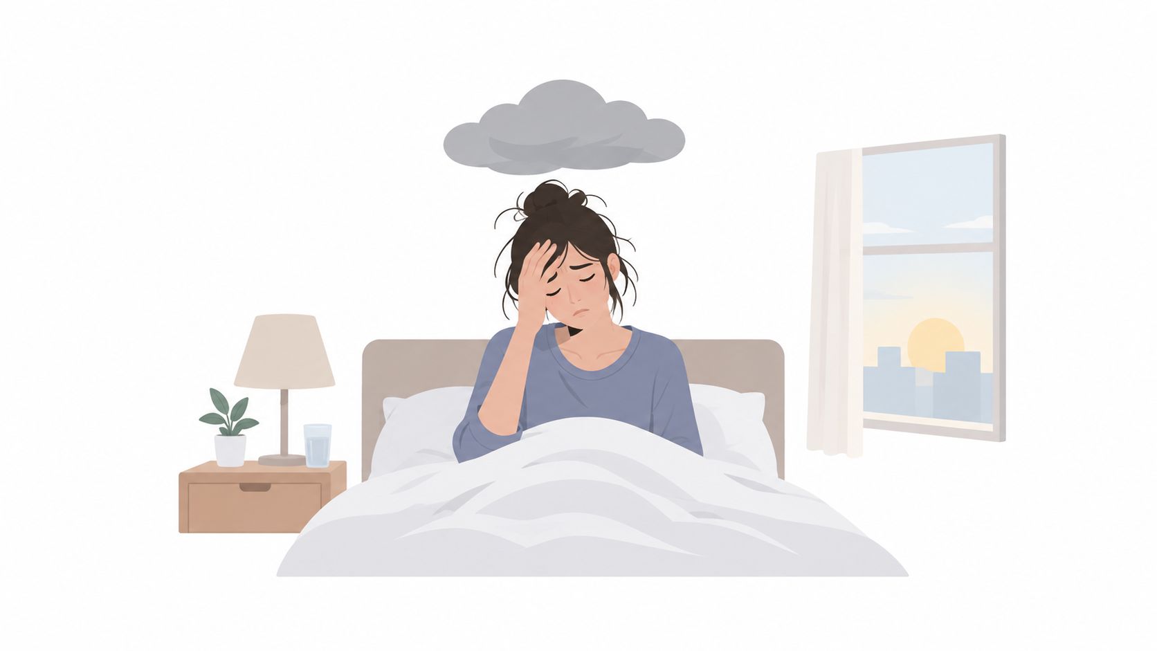 A woman sitting in bed looking sad and distressed with a dark cloud hovering over her head.