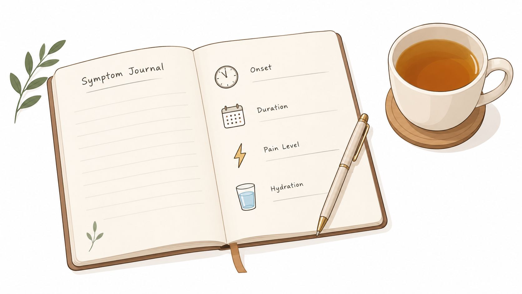 An open symptom journal notebook with icons for tracking onset, duration, pain level, and hydration, with a tea cup.