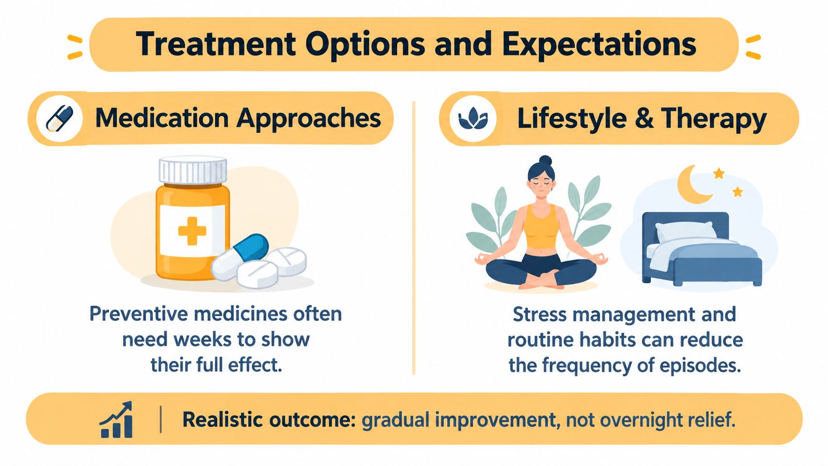 An infographic showing treatment options for daily persistent headache, including medication, lifestyle changes, and therapy.