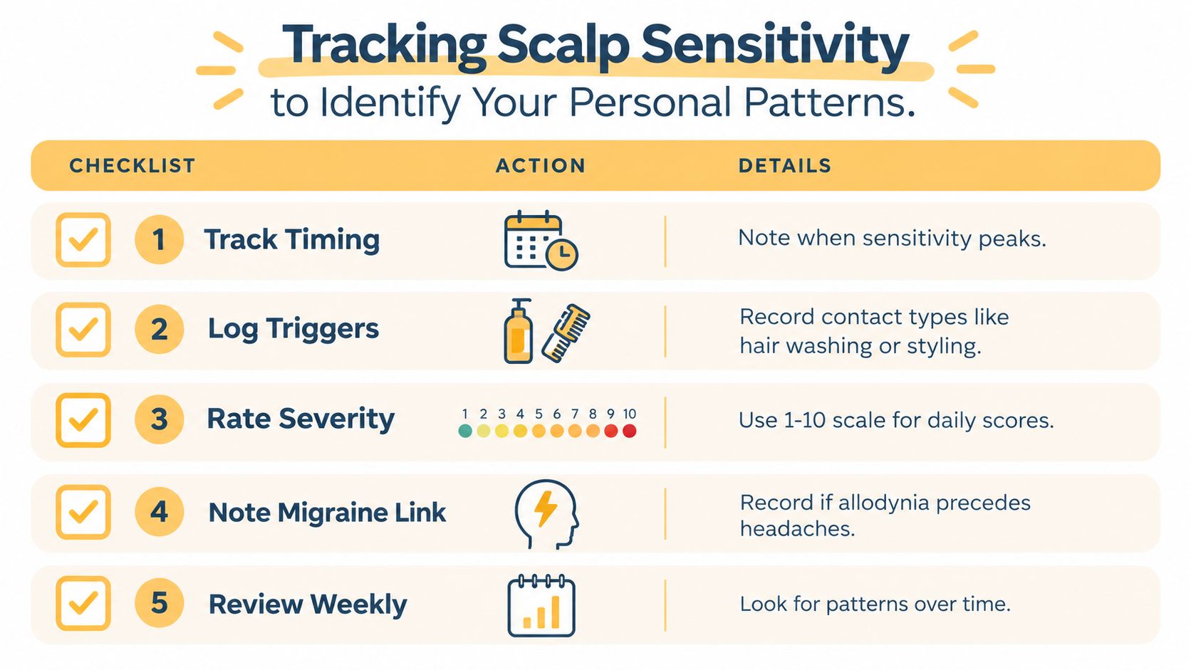 A checklist infographic titled Tracking Scalp Sensitivity, outlining five steps to monitor scalp pain and triggers.