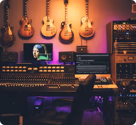 Music studio with guitars and workstation