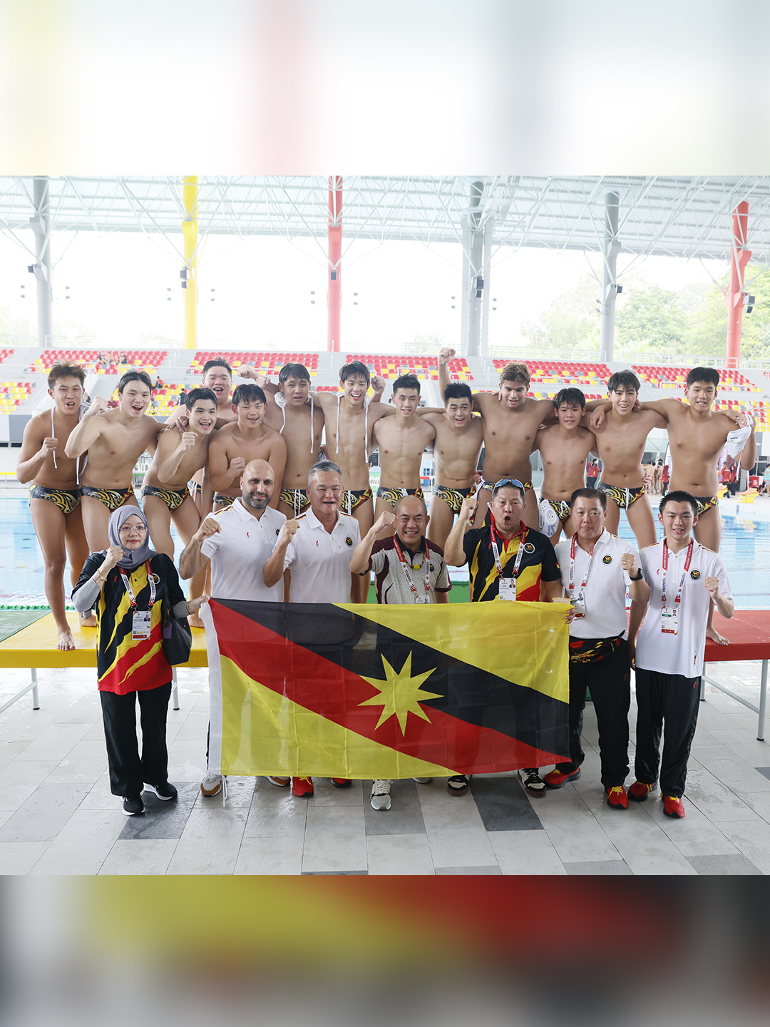 Sarawak's men celebrate winning the SUKMA 2026 water polo final