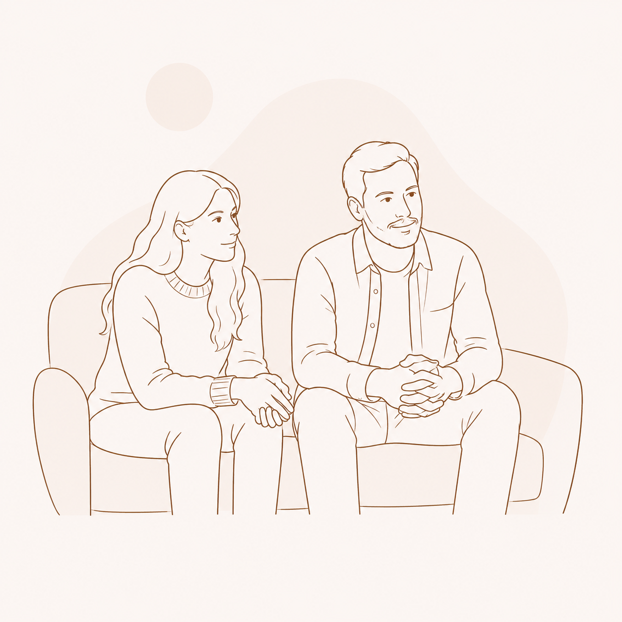 Muž a žena sedí vedle sebe na pohovce, v klidné atmosféře, ilustrace párové terapie.