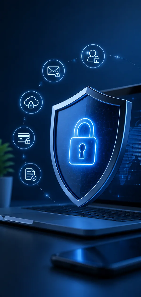 Illustration of cyber protection: a shield and lock securing a laptop