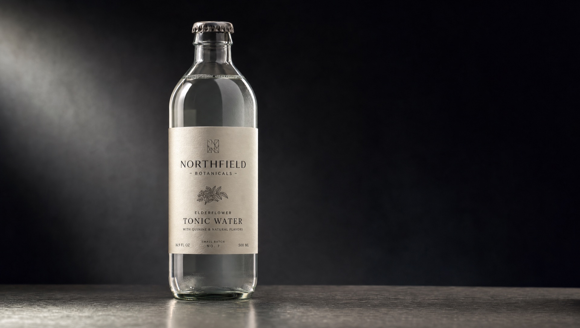 Editorial product photography of premium food and beverage products with custom labels — bottles and packaging on a dark studio canvas with PMS 375 rim lighting