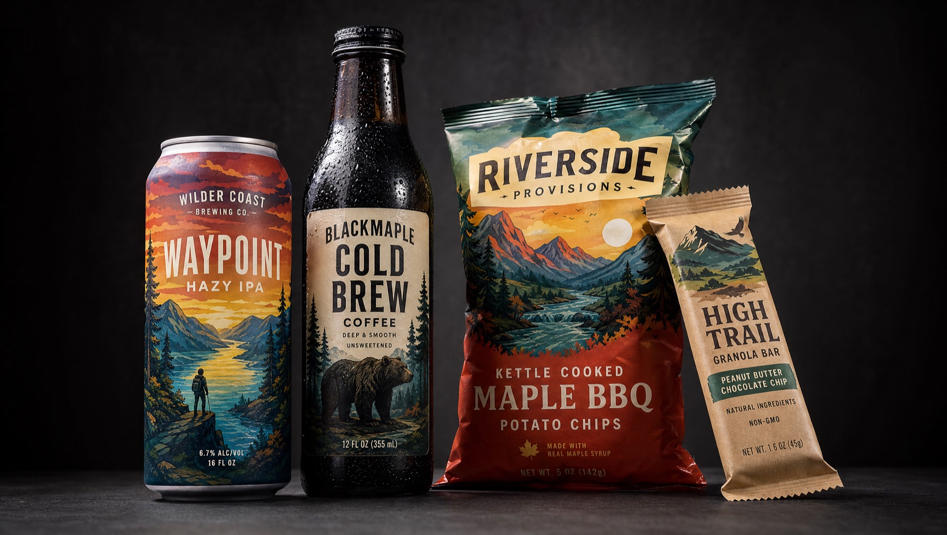 Premium product packaging with custom labels by The Label Shoppe — supplement bottle, spirits bottle, kraft pouch, and cosmetic jar arranged on a dark canvas