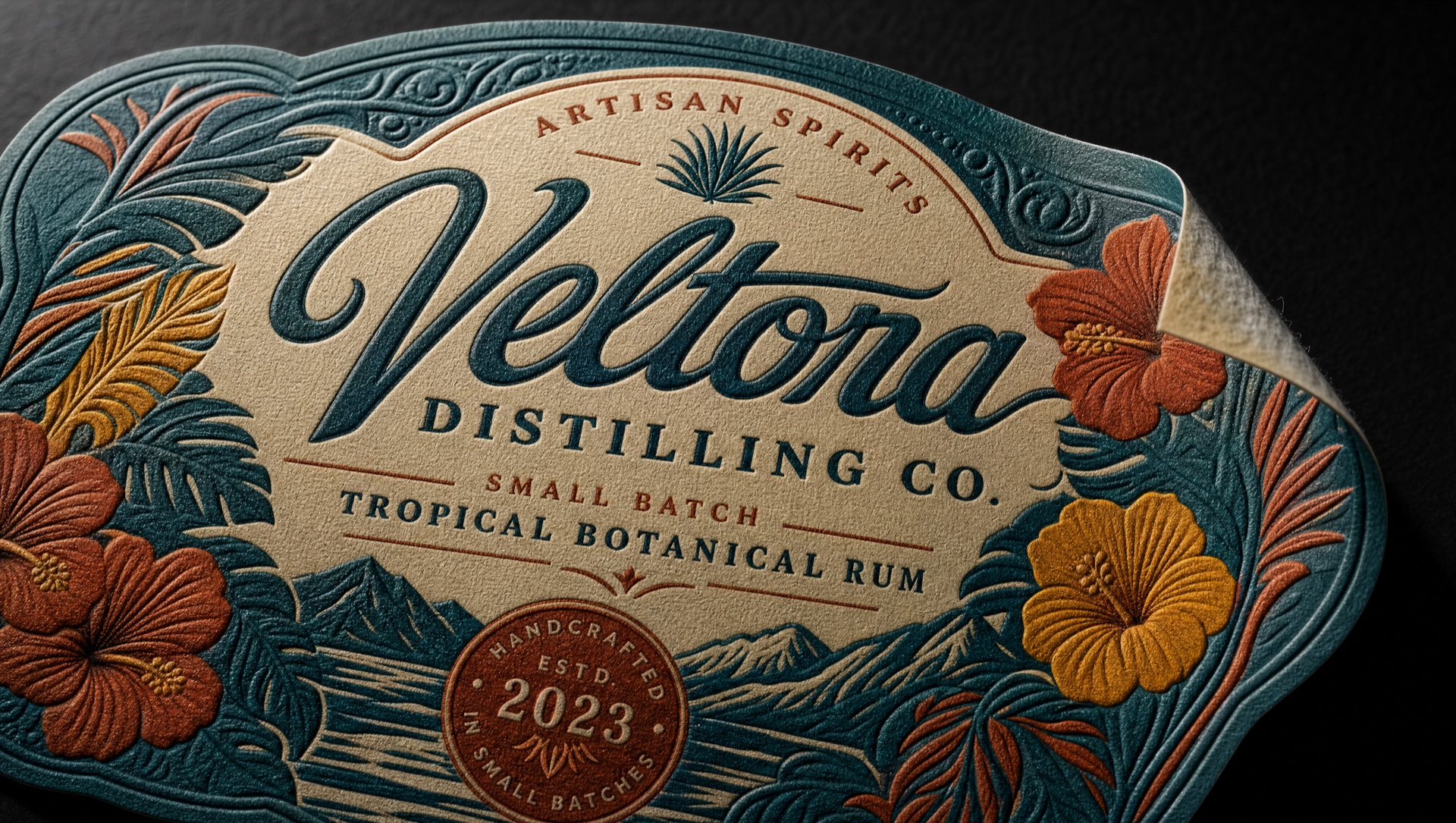 Extreme close-up macro photograph of a high-end pressure-sensitive label edge showing layered face stock, a gold-foil embellishment detail, the die-cut edge, and the release liner — the tactile quality of premium printing
