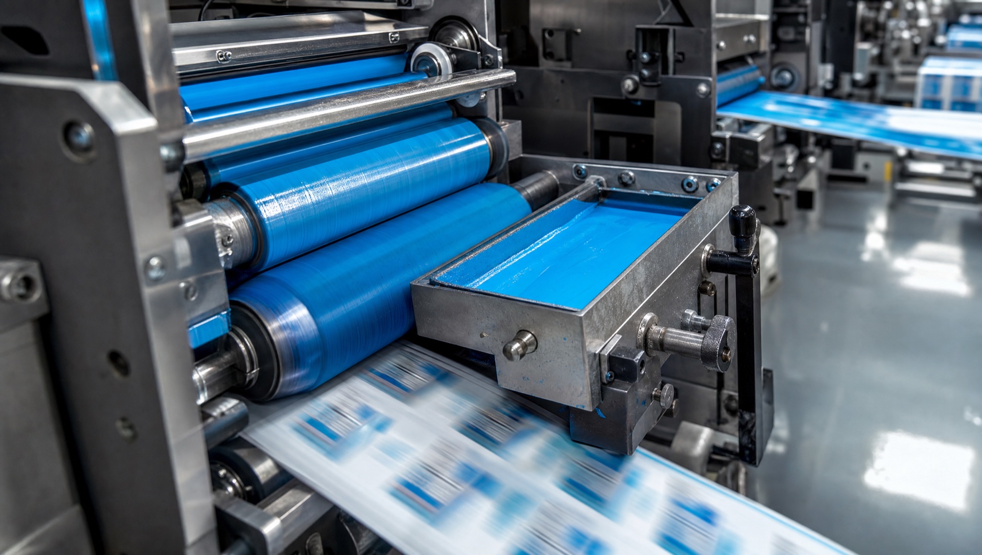 A flexographic printing press in active operation — single-color cyan ink station running a web of pressure-sensitive label material in a clean, modern manufacturing facility