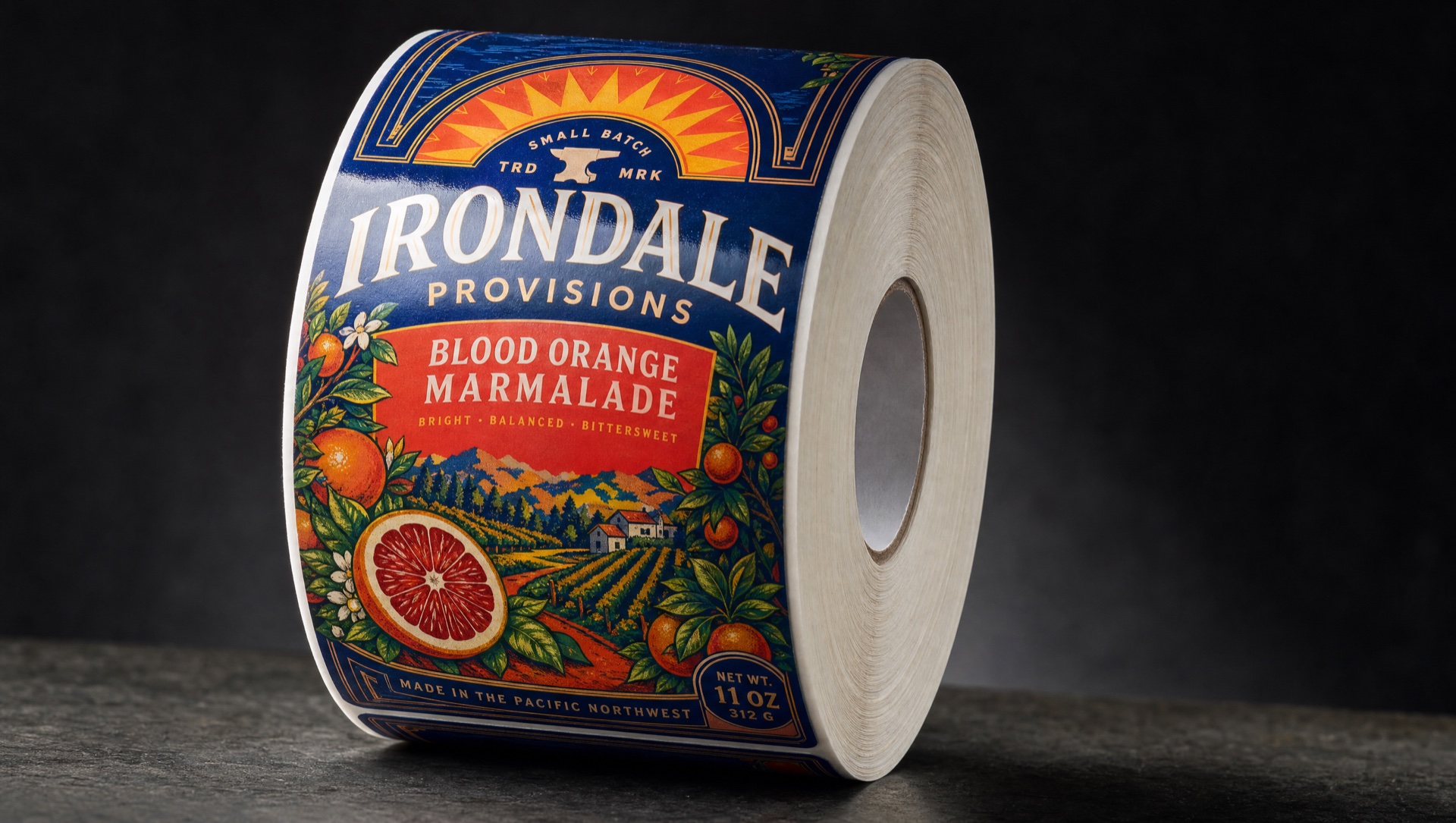 Rolls of finished pressure-sensitive labels on a matte dark surface, ready for shipping — precise die-cut edges visible in dramatic studio lighting