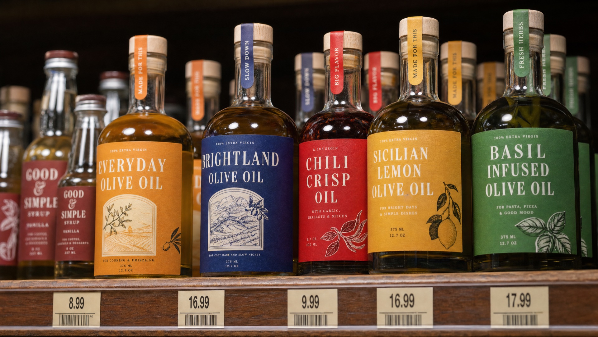 A premium-branded amber dropper supplement bottle on a refined retail shelf, photographed from below, showing a sophisticated minimalist label — print quality as competitive advantage on the shelf