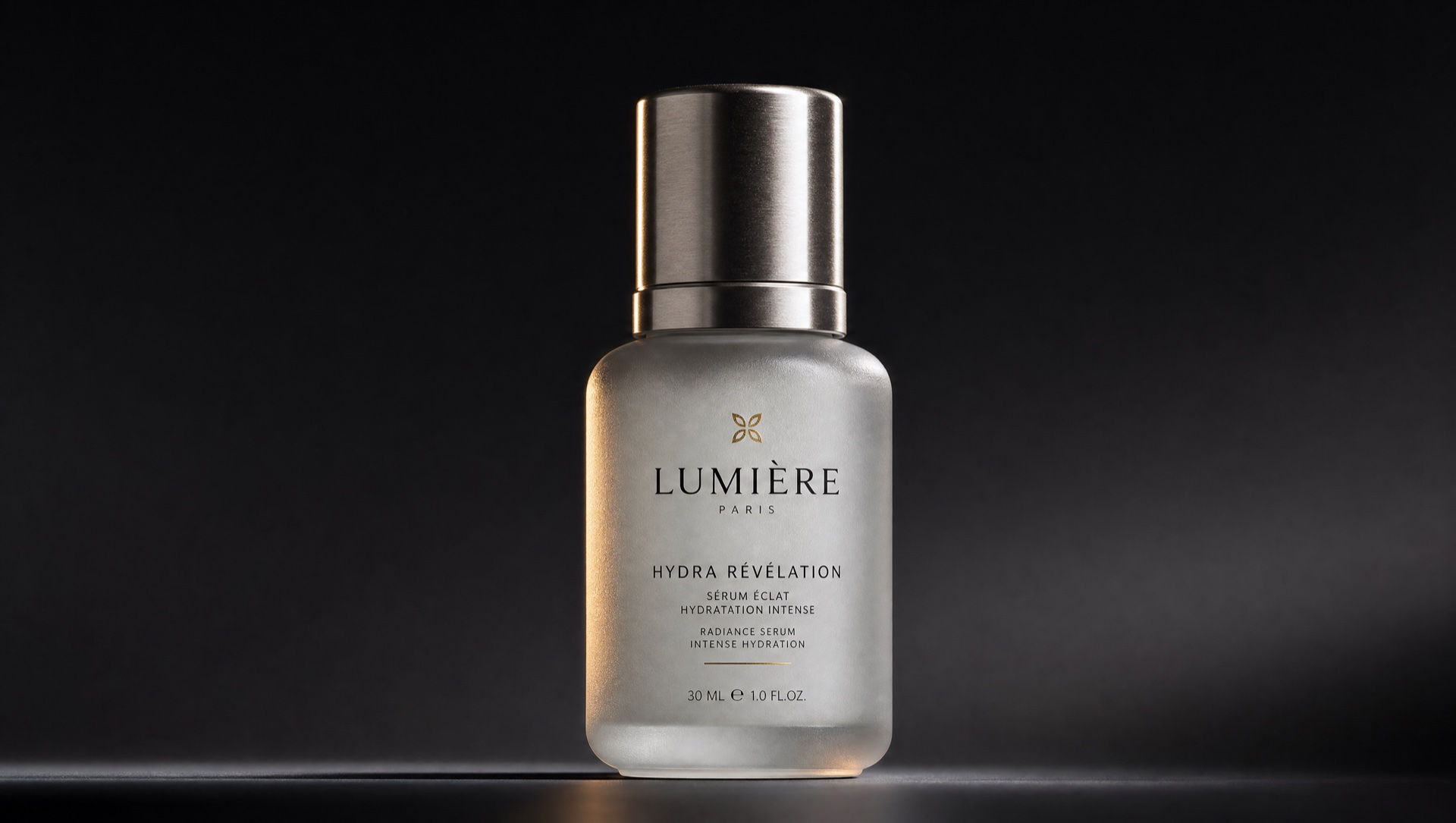 Editorial product photography of premium health & beauty packaging with custom labels — cosmetic and personal care containers on a dark studio canvas with PMS 375 rim lighting