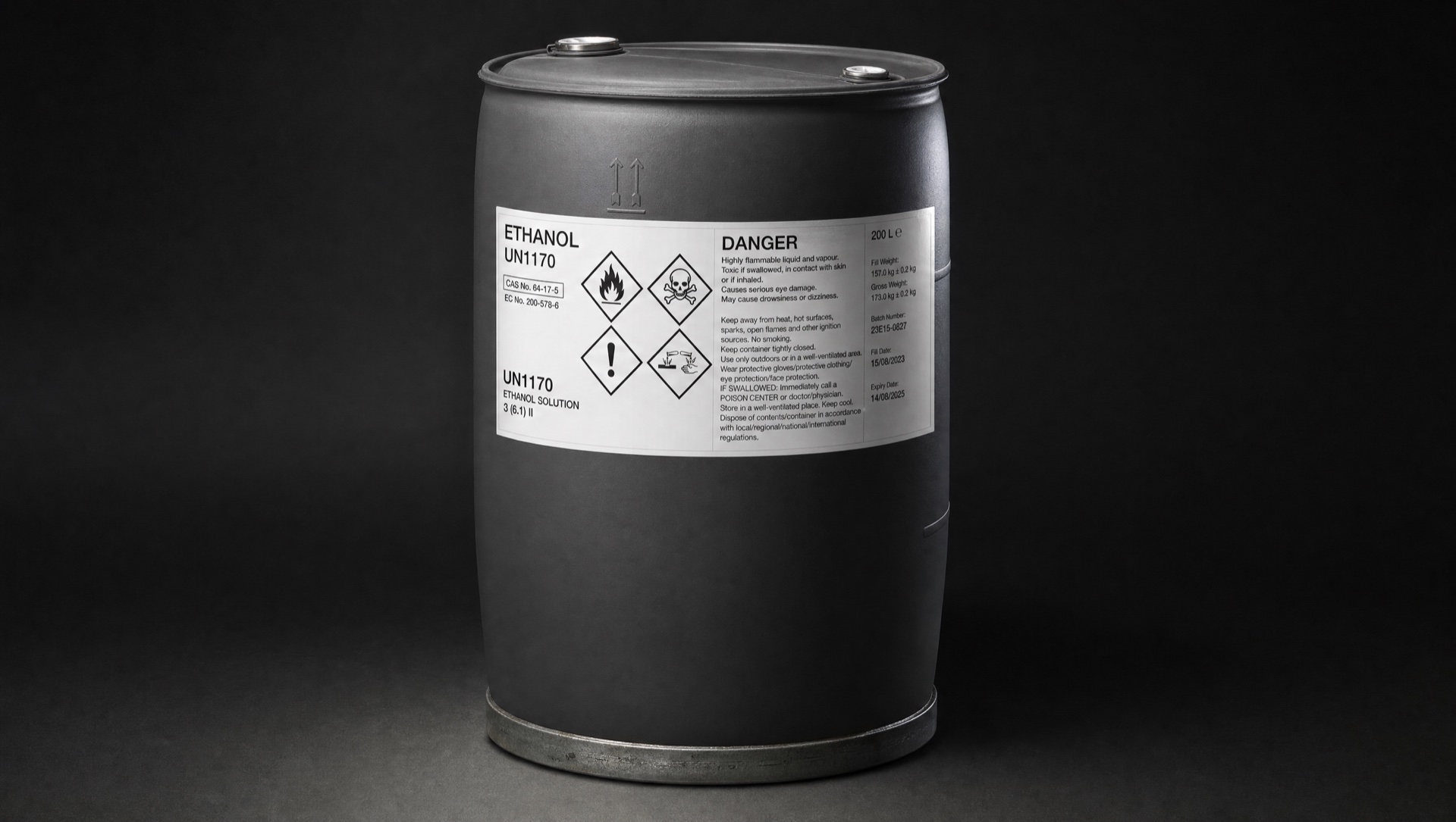 Editorial product photography of premium industrial and chemical product packaging with custom labels — drum and bottle containers with hazard-grade label visibility on a dark studio canvas with PMS 375 rim lighting