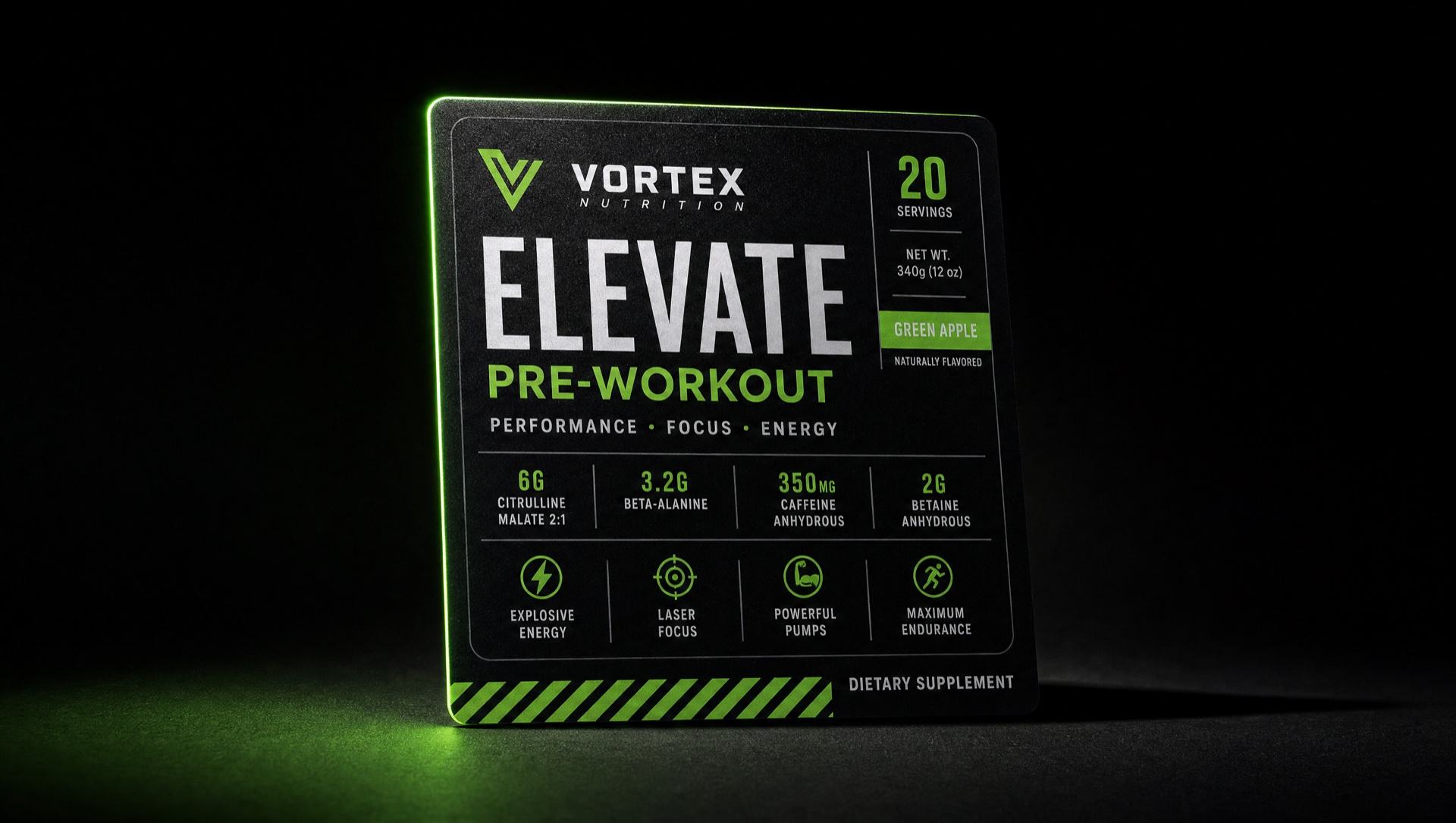 Editorial product photography of premium nutraceutical packaging with custom labels — supplement bottles and capsules on a dark studio canvas with PMS 375 rim lighting