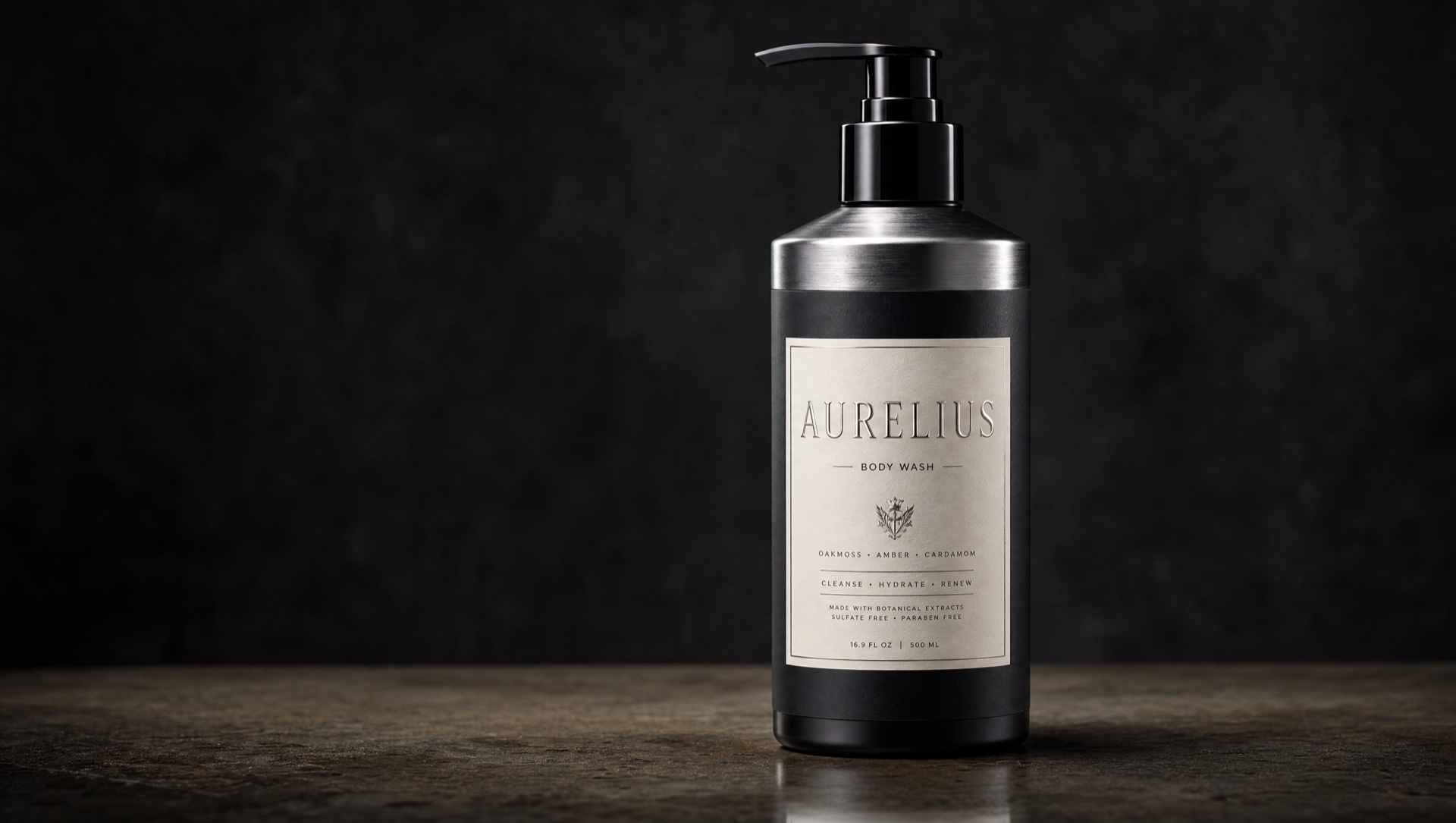 Editorial product photography of premium personal care packaging with custom labels — lotion bottles and tubes on a dark studio canvas with PMS 375 rim lighting