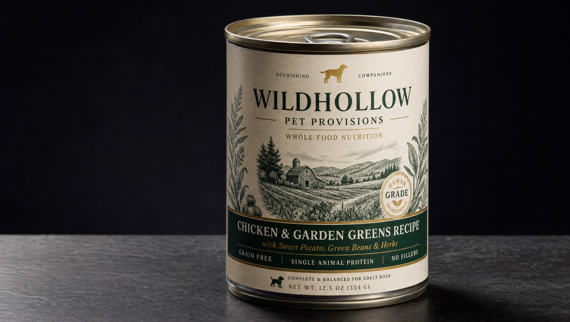 Editorial product photography of premium pet products packaging with custom labels — pet food bags and treat containers on a dark studio canvas with PMS 375 rim lighting