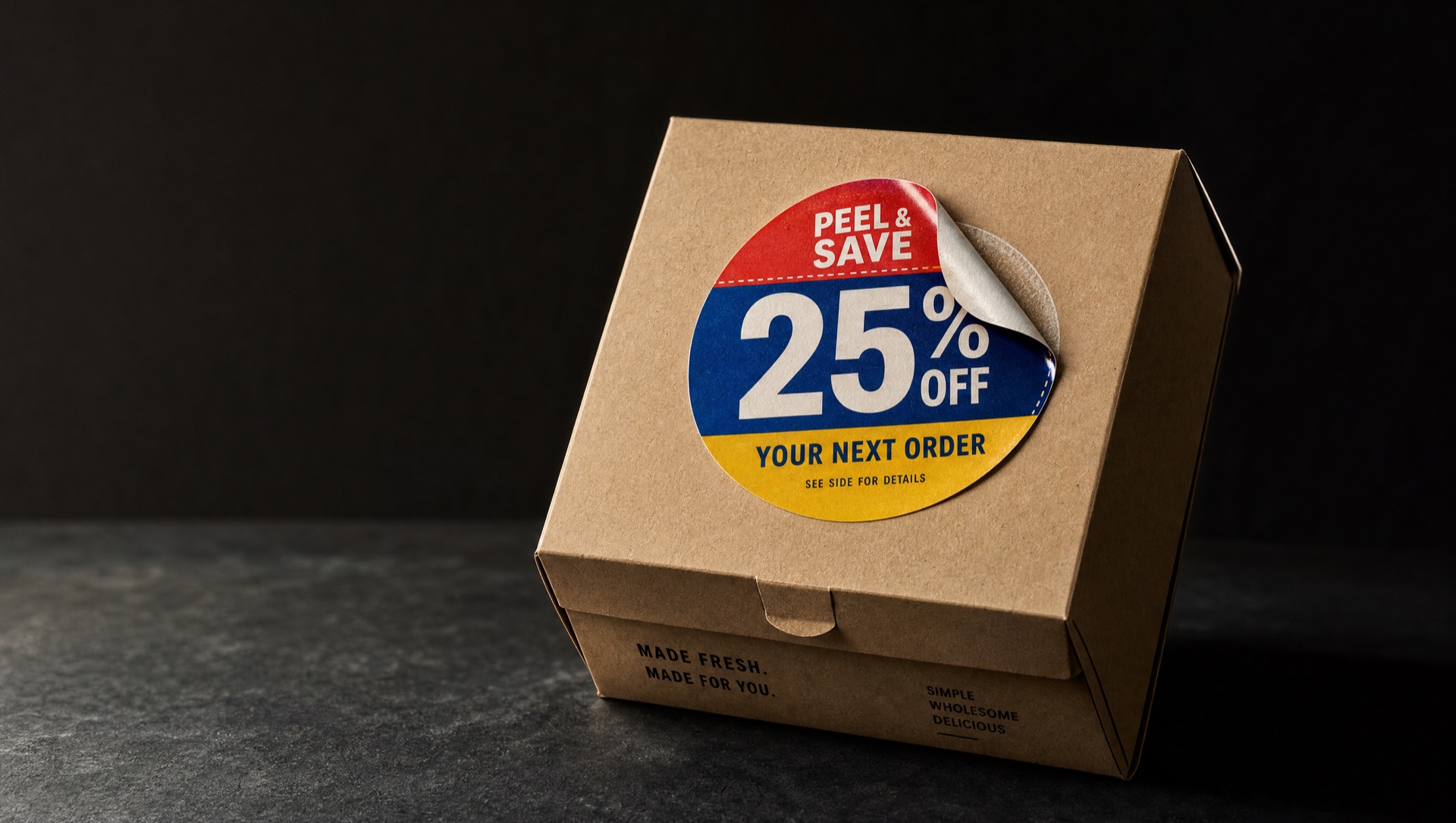 Editorial product photography of premium printed coupons — detachable coupon labels and on-pack promotional inserts on a dark studio canvas with PMS 375 rim lighting