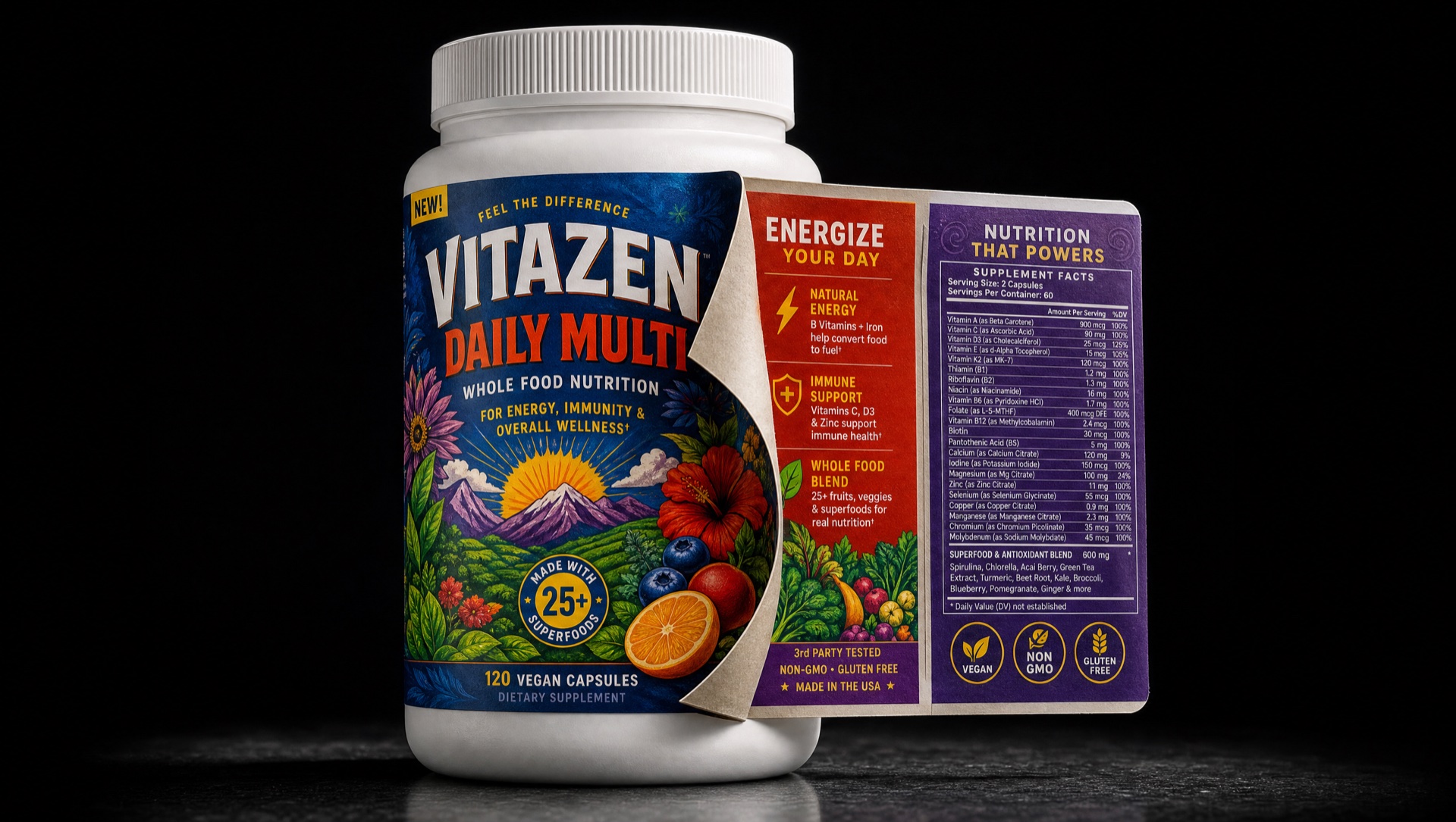 Editorial product photography of an extended content label (ECL) showing the multi-panel construction with peelable layers, applied to a consumer bottle on a dark studio canvas with PMS 375 rim lighting