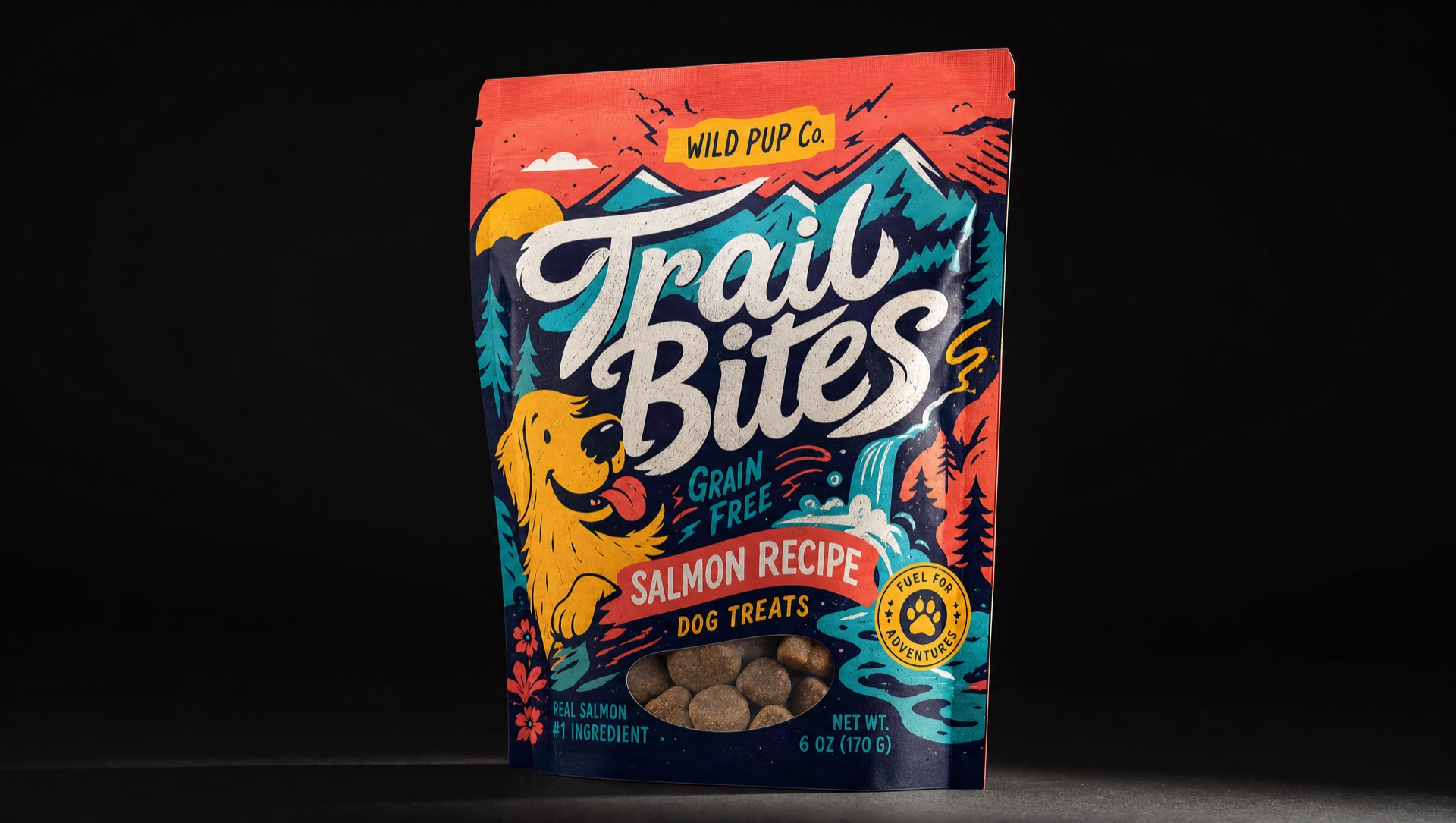 Editorial product photography of premium flexible packaging with custom printing — stand-up pouches and flexible bags on a dark studio canvas with PMS 375 rim lighting