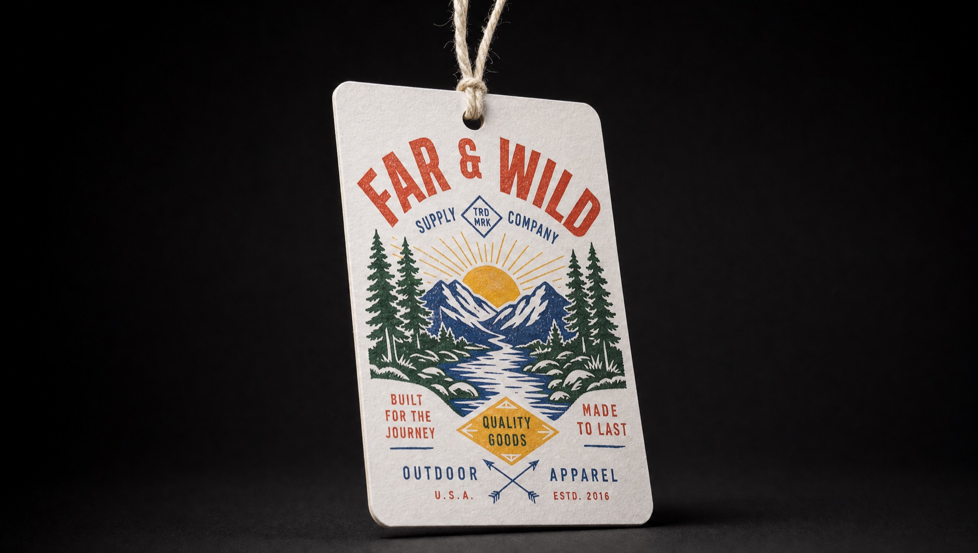 Editorial product photography of premium tags with custom printing — hang tags and price tags with detailed graphics on a dark studio canvas with PMS 375 rim lighting